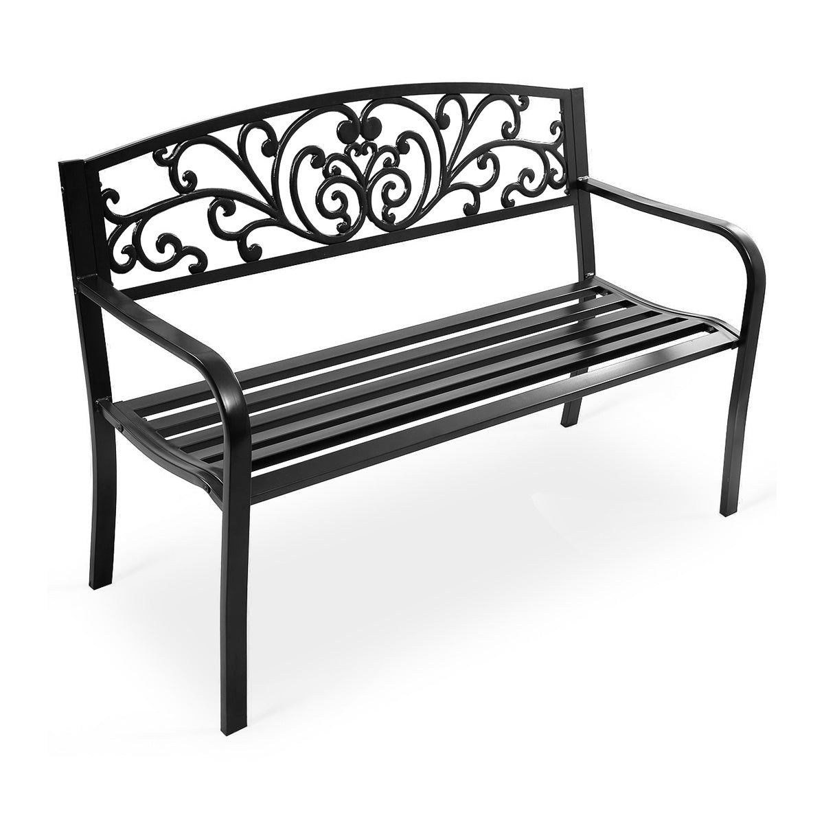 50 Inch Patio Park Steel Frame Cast Iron Backrest Bench Porch Chair with decorative mesh style.