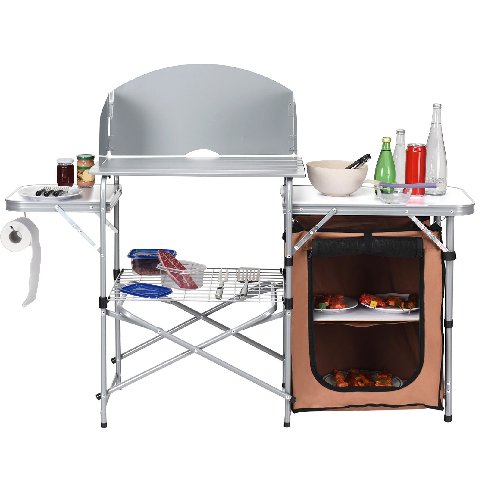 Foldable Outdoor BBQ Portable Grilling Table With Windscreen Bag featuring aluminum frame and storage shelf for camping.