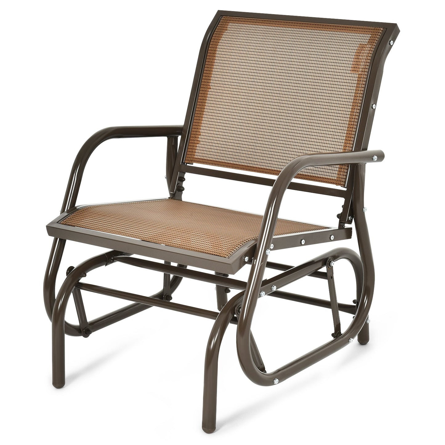 Outdoor Single Swing Glider Rocking Chair with Armrest-Brown featuring a powder-coated steel frame and breathable fabric seat.