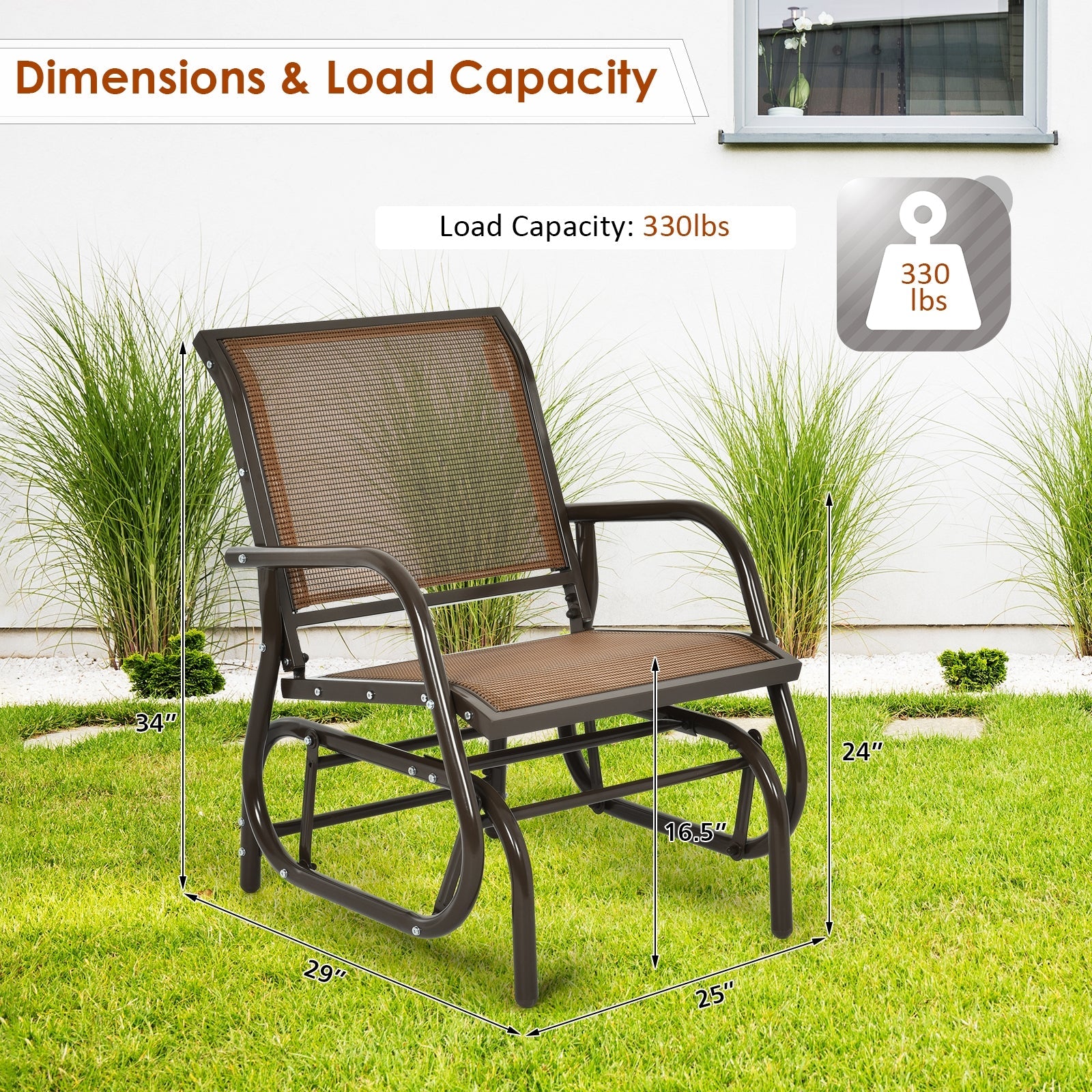 Outdoor Single Swing Glider Rocking Chair with Armrest-Brown in garden with 330 lbs load capacity