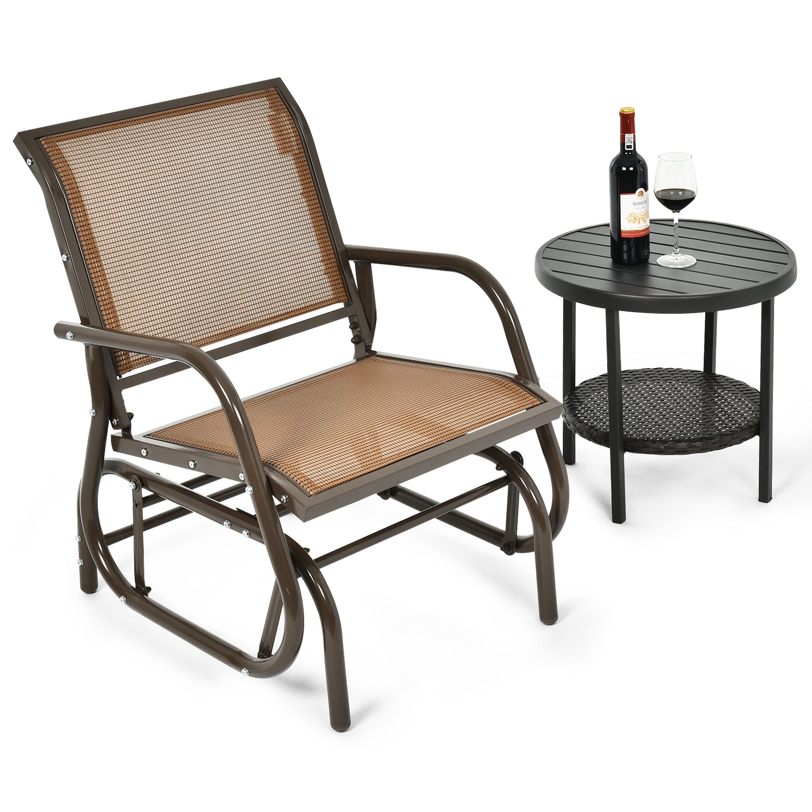 Outdoor Single Swing Glider Rocking Chair with Armrest-Brown next to a round table with wine bottle and glass
