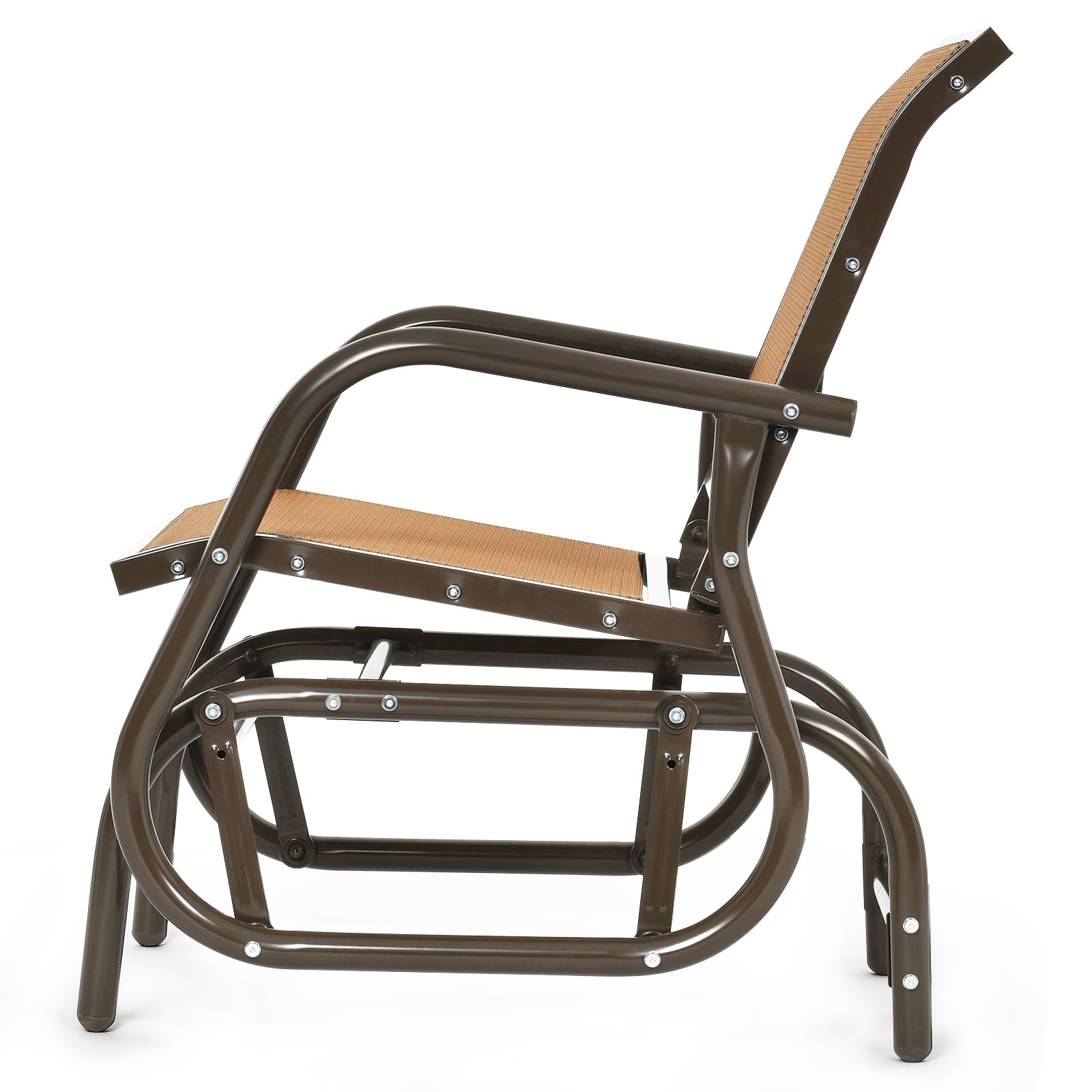 Outdoor Single Swing Glider Rocking Chair with Armrest-Brown, sturdy steel frame, anti-slip pads, breathable fabric, perfect for patio or garden.