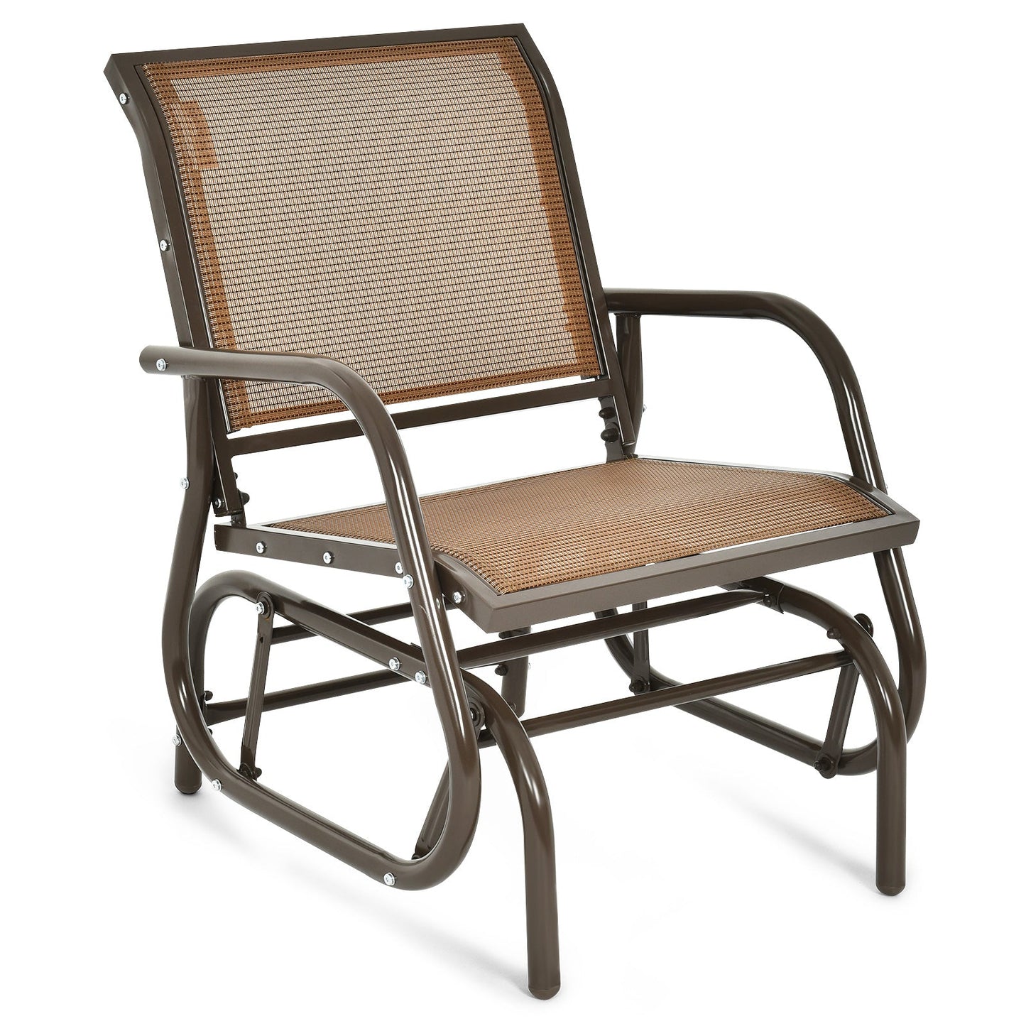 Outdoor Single Swing Glider Rocking Chair with Armrest-Brown, featuring a sturdy steel frame, perfect for relaxing on patio or garden.