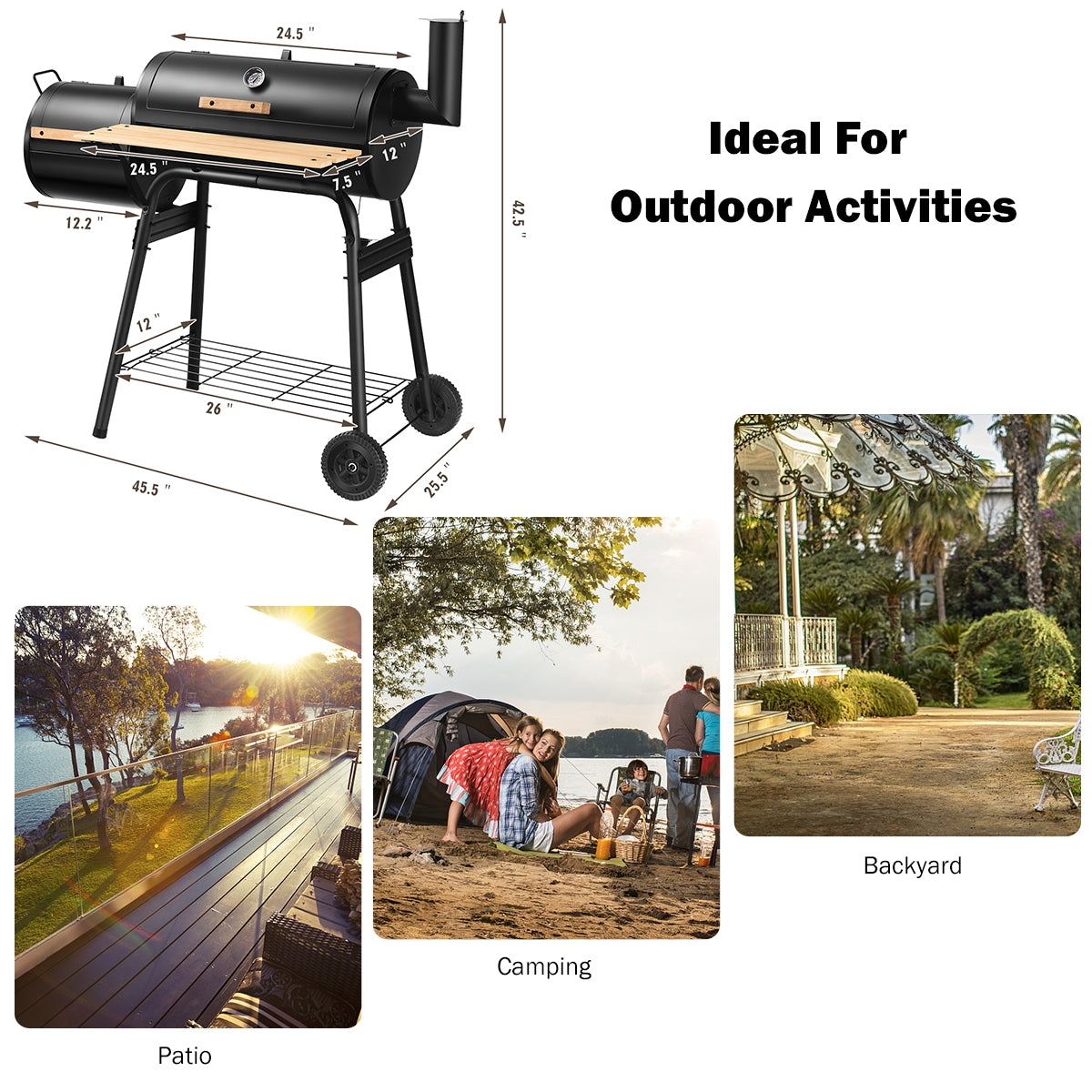 Outdoor BBQ Grill Barbecue Pit Patio Cooker perfect for camping, patio, and backyard use with measurements and outdoor scenes.