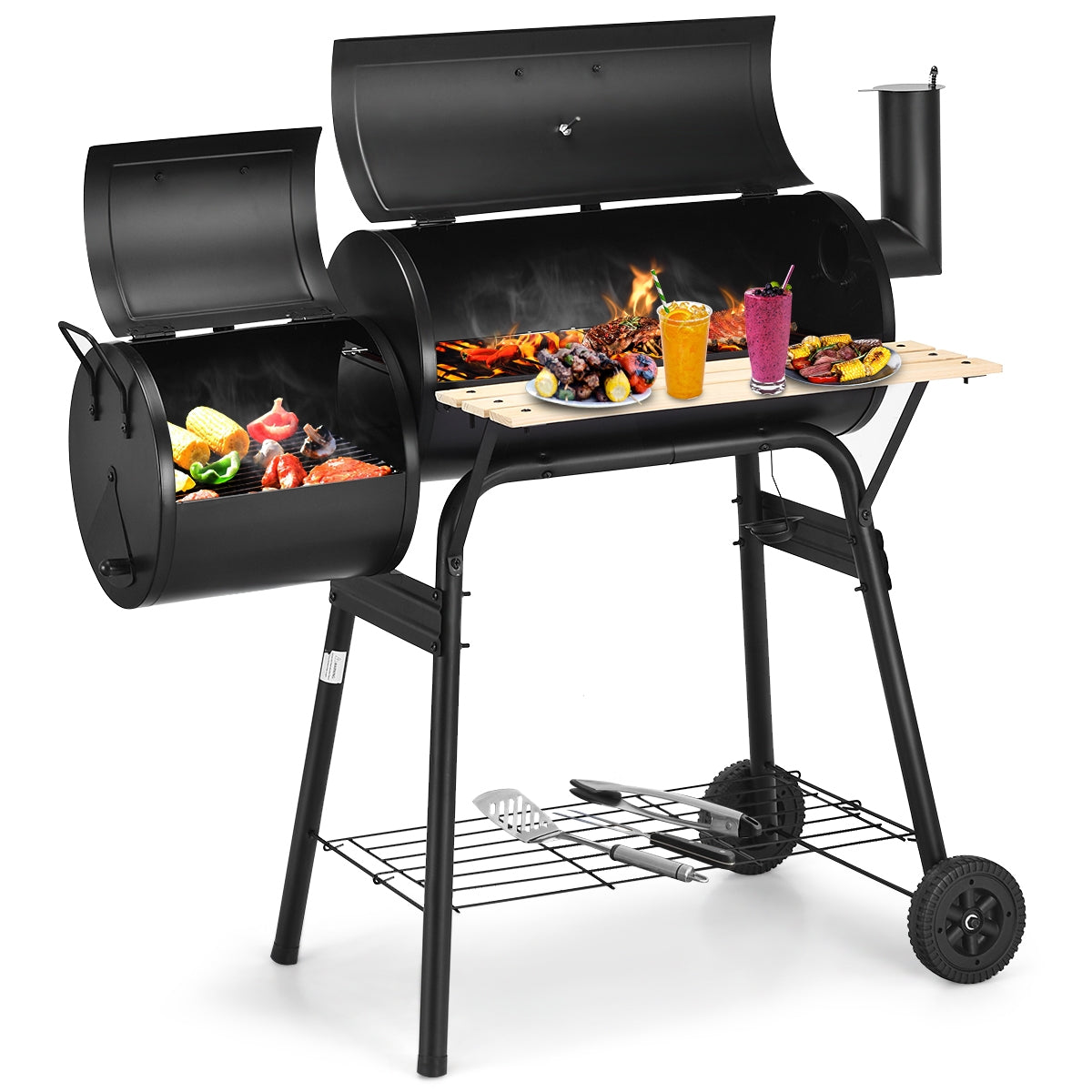 Outdoor BBQ Grill Barbecue Pit Patio Cooker with firebox, side shelf, durable steel construction for outdoor cooking.