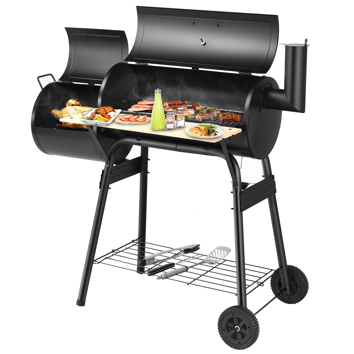 Outdoor BBQ Grill Barbecue Pit Patio Cooker with food on grill and side shelf, durable steel construction for outdoor use.
