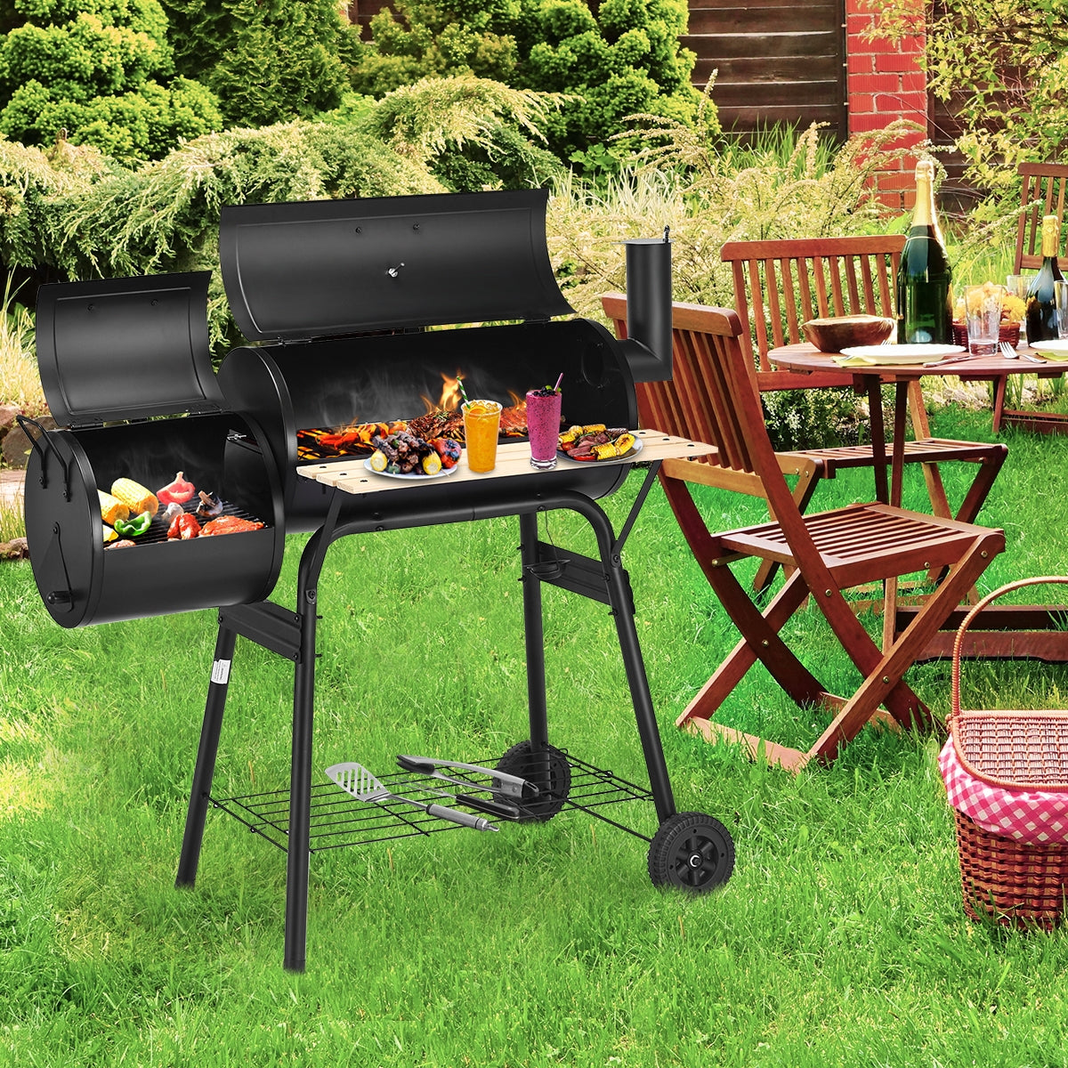 Outdoor BBQ Grill Barbecue Pit Patio Cooker with attached firebox and side shelf in a backyard setup