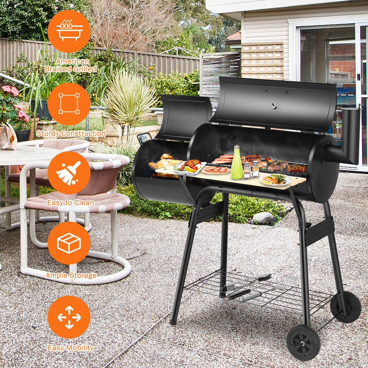 Outdoor BBQ Grill Barbecue Pit Patio Cooker with food and tool shelf, perfect for outdoor grilling on patio with attached firebox and wheels.