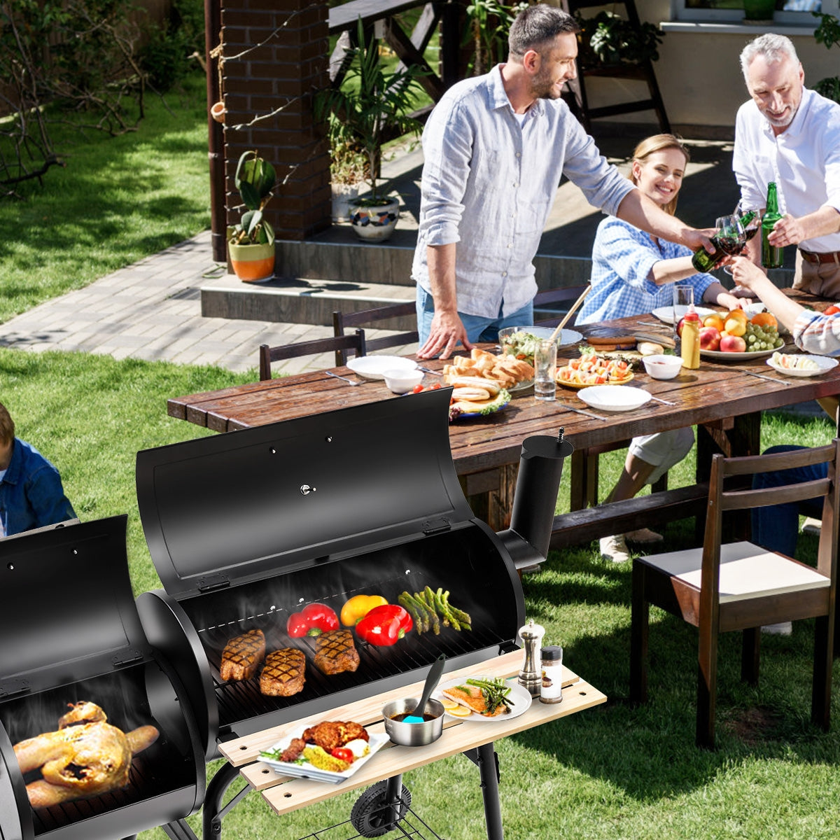 Outdoor BBQ Grill Barbecue Pit Patio Cooker in use at a family gathering, showcasing grilling food and side shelf features.