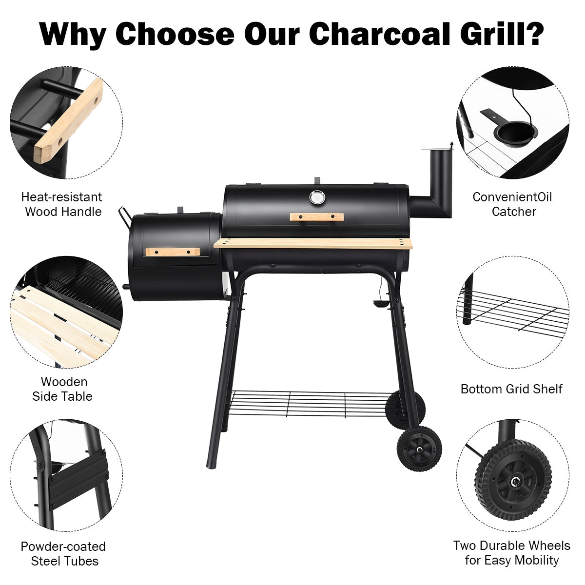 Outdoor BBQ Grill Barbecue Pit Patio Cooker with side shelf, firebox, heat-resistant handle, and durable wheels for outdoor cooking.