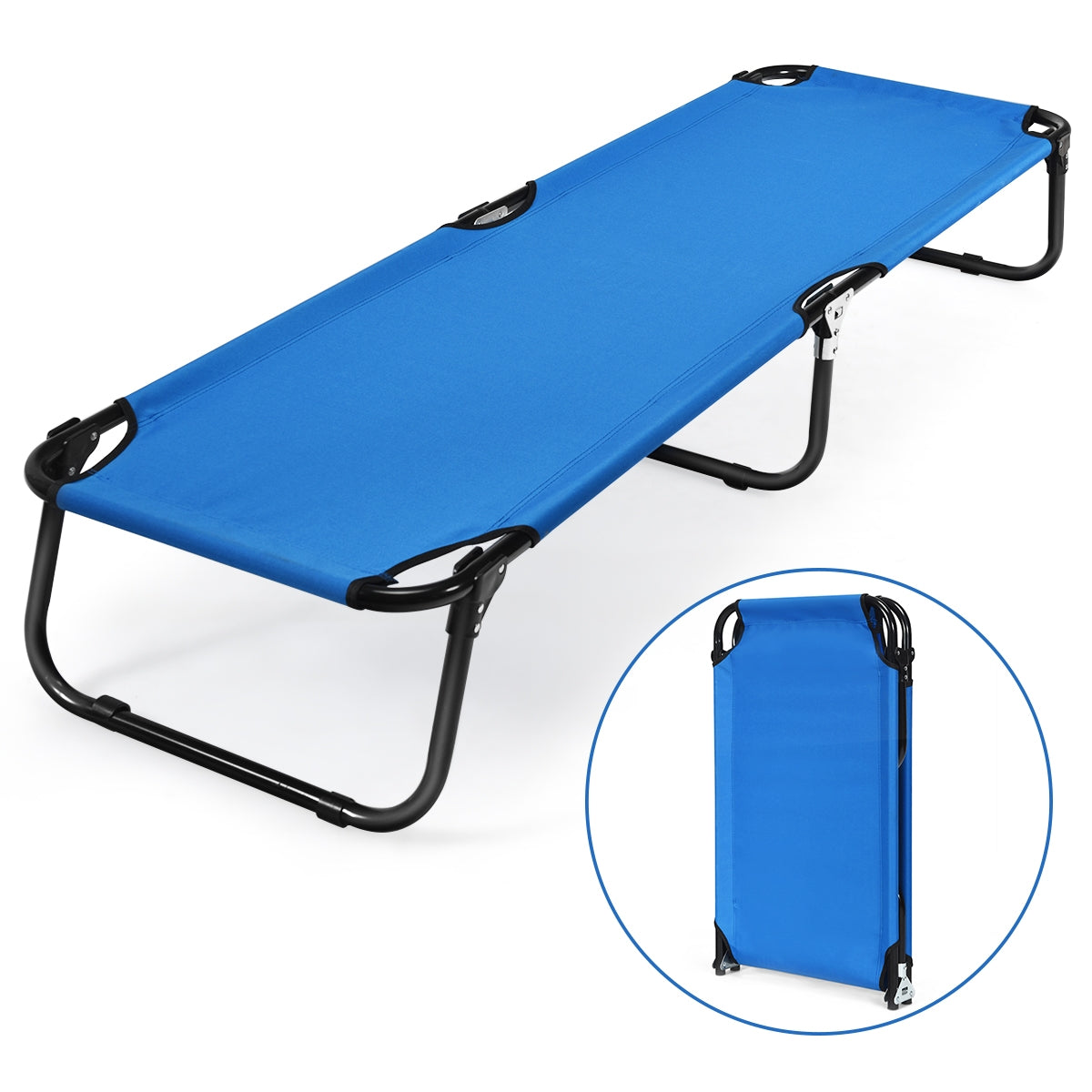 Folding Camping Bed Outdoor Portable Military Cot Sleeping Hiking with rust-resistant frame and non-slip foot mats for stability