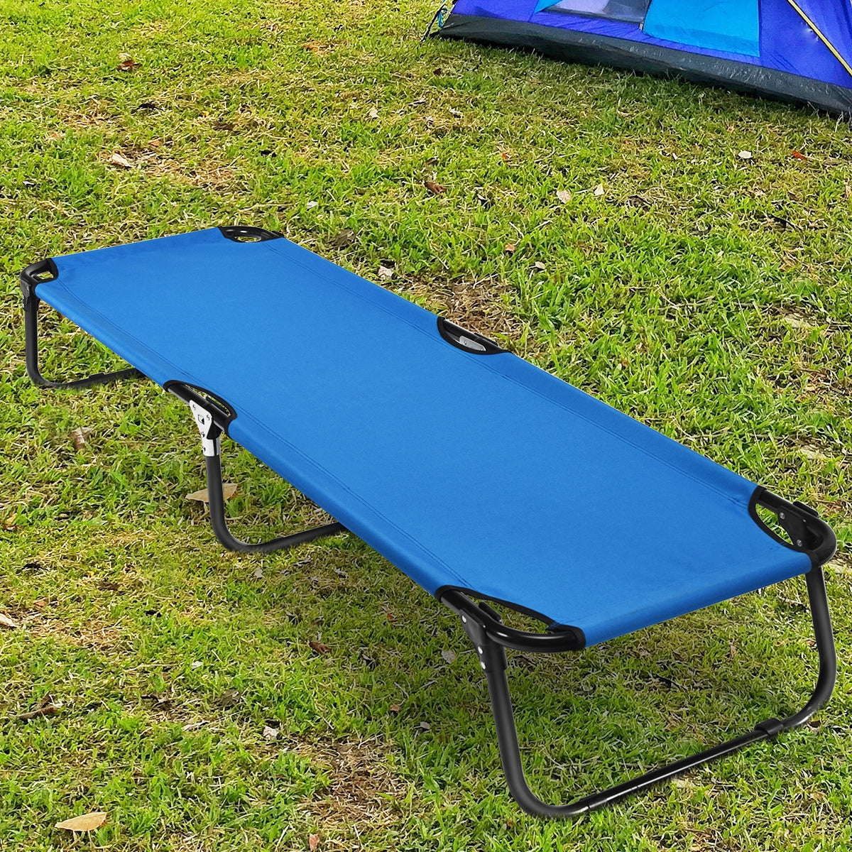 Folding Camping Bed Outdoor Portable Military Cot Sleeping Hiking with rust-resistant frame and non-slip foot mats on grass