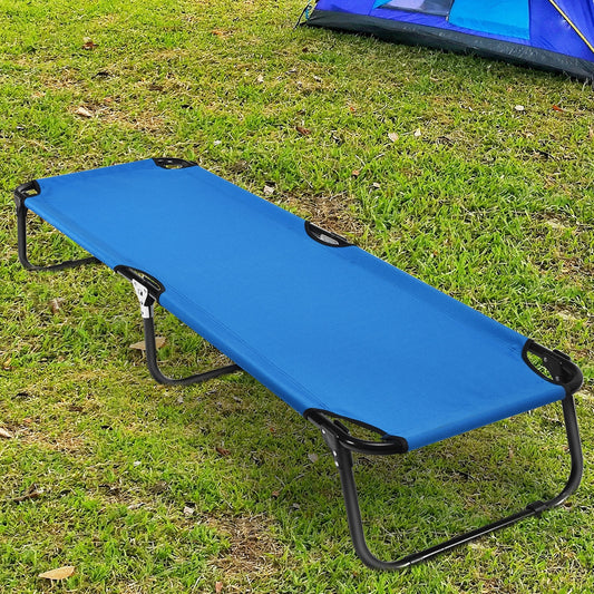 Folding Camping Bed Outdoor Portable Military Cot Sleeping Hiking with rust-resistant frame and non-slip foot mats on grass