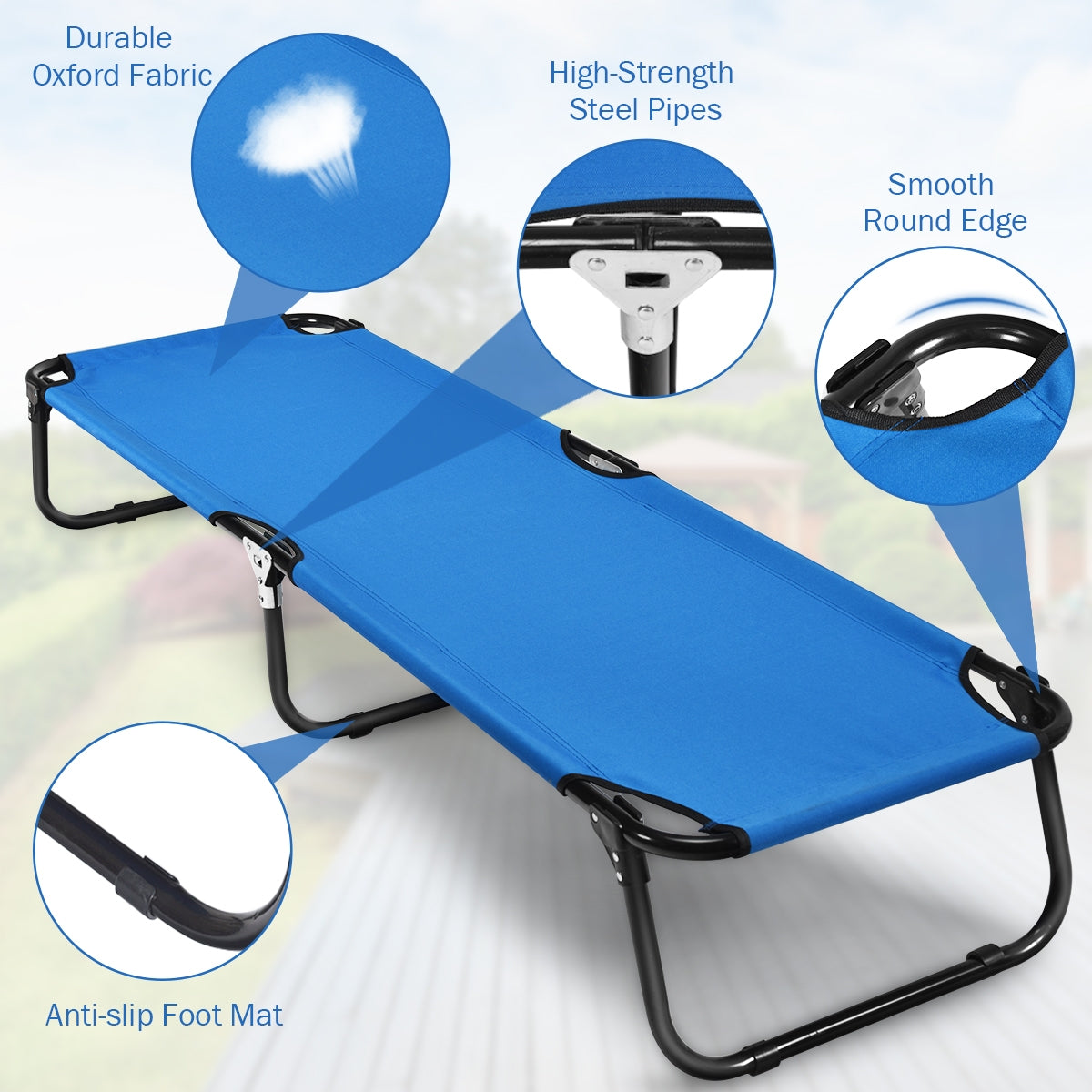Folding Camping Bed Outdoor Portable Military Cot Sleeping Hiking with rust-resistant frame and non-slip foot mats
