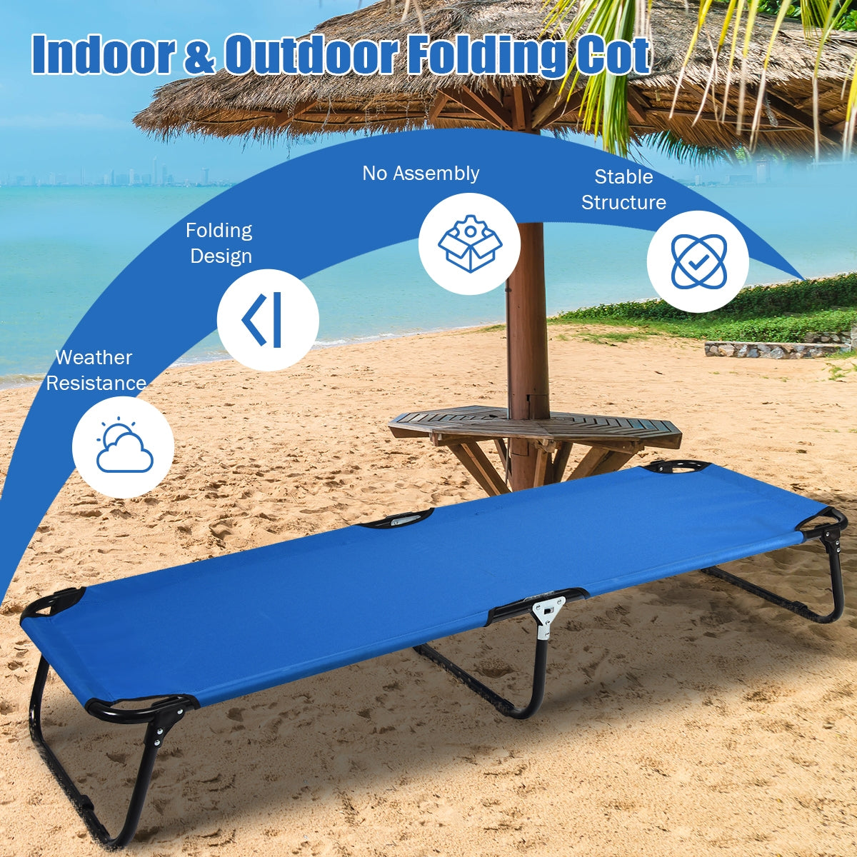 Folding Camping Bed Outdoor Portable Military Cot Sleeping Hiking on a beach showcasing stability and weather resistance features.