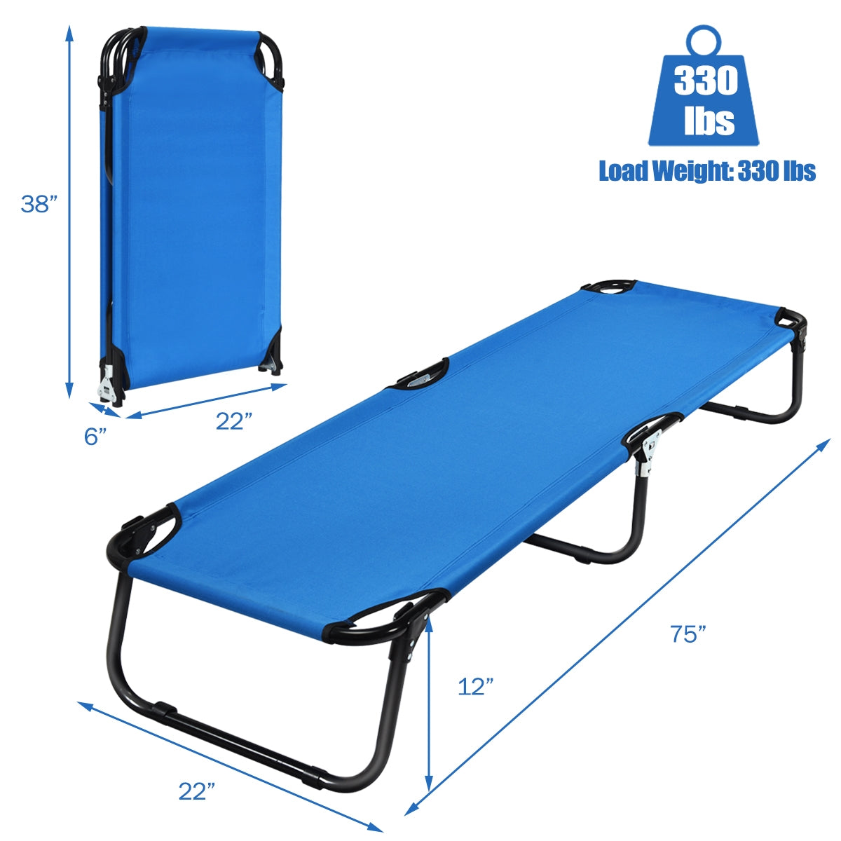 Folding Camping Bed Outdoor Portable Military Cot Sleeping Hiking with iron frame and 600D Oxford cloth, 330 lbs capacity.