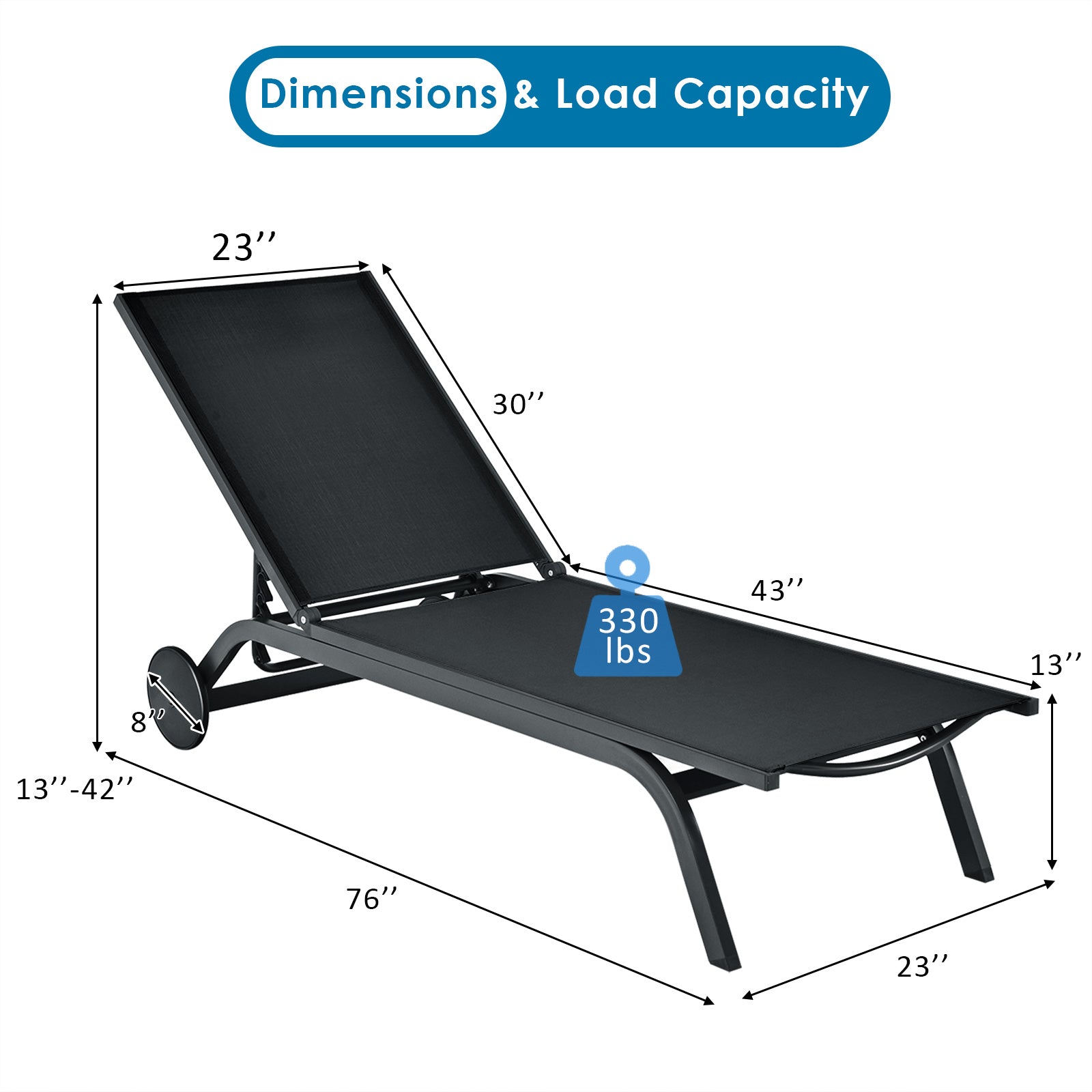 Aluminum Fabric Outdoor Patio Lounge Chair with Adjustable Reclining-Black dimensions and load capacity, supports up to 330 lbs
