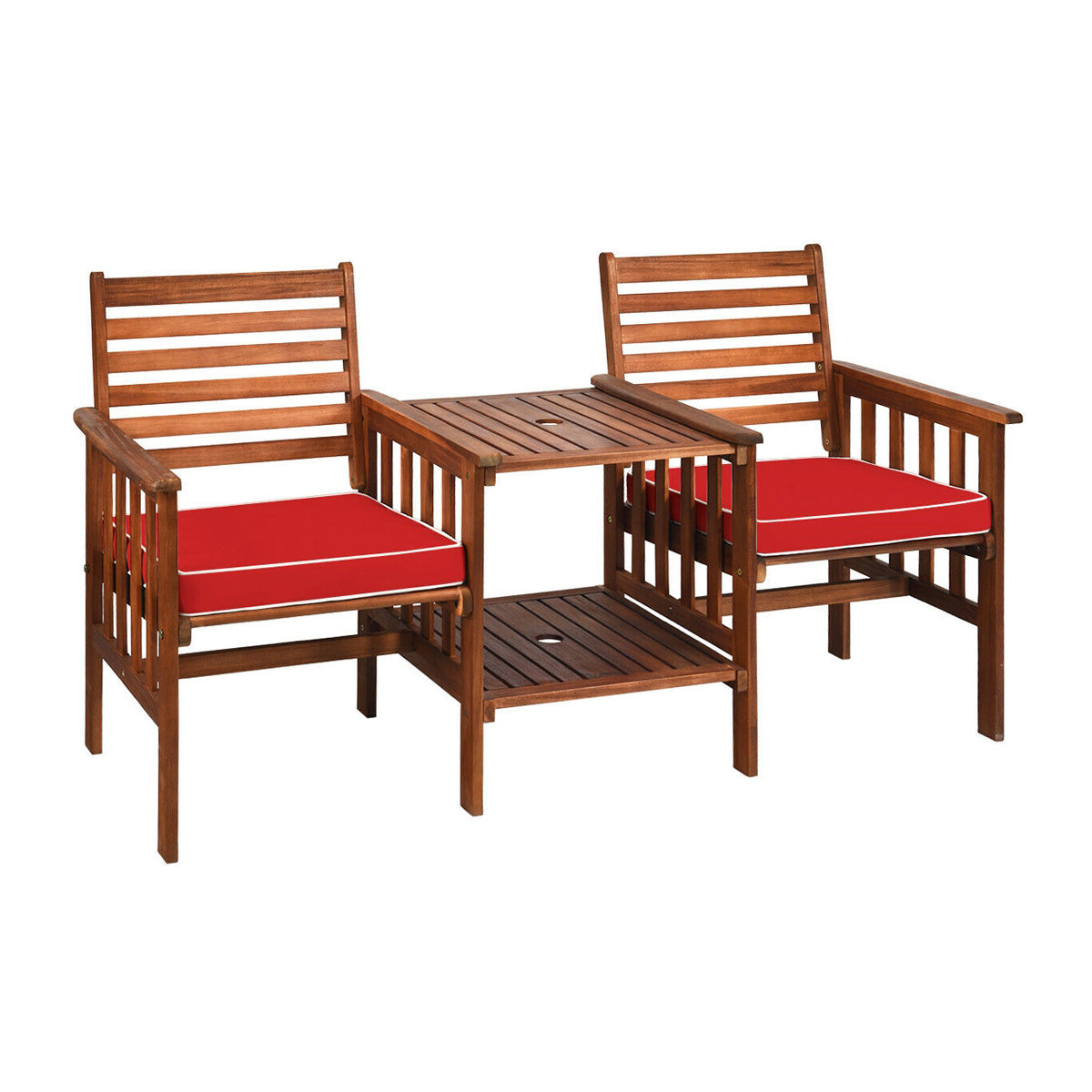 3 pcs Outdoor Patio Table Chairs Set Acacia Wood Loveseat-Red with cushions and coffee table for outdoor comfort and style.