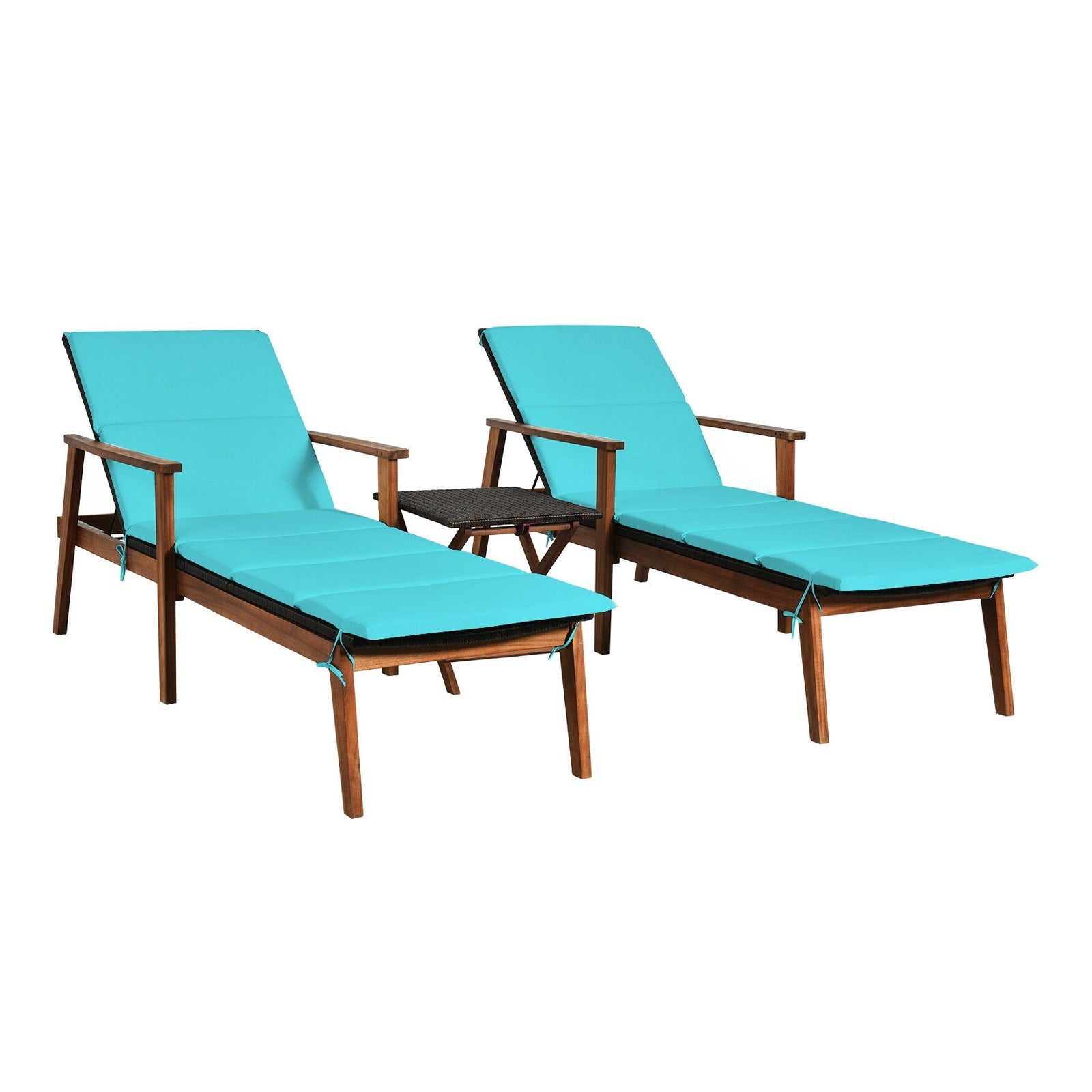 3 Pieces Portable Patio Cushioned Rattan Lounge Chair Set with Folding Table-Turquoise, ideal for poolside or beach relaxation
