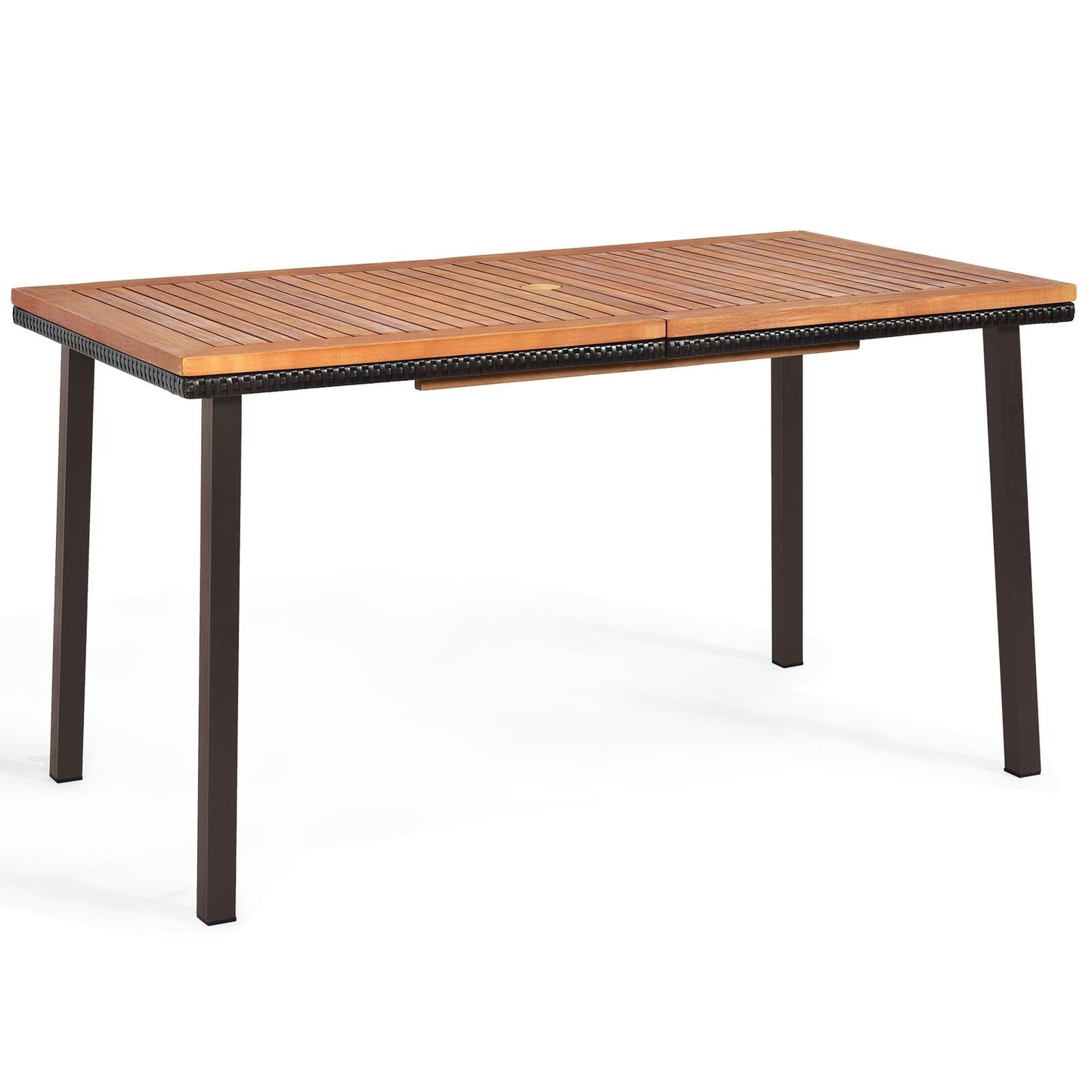 55 Inch Patio Acacia Dining Table with Umbrella Hole, wooden slatted surface, stable rust-proof legs, perfect for outdoor spaces