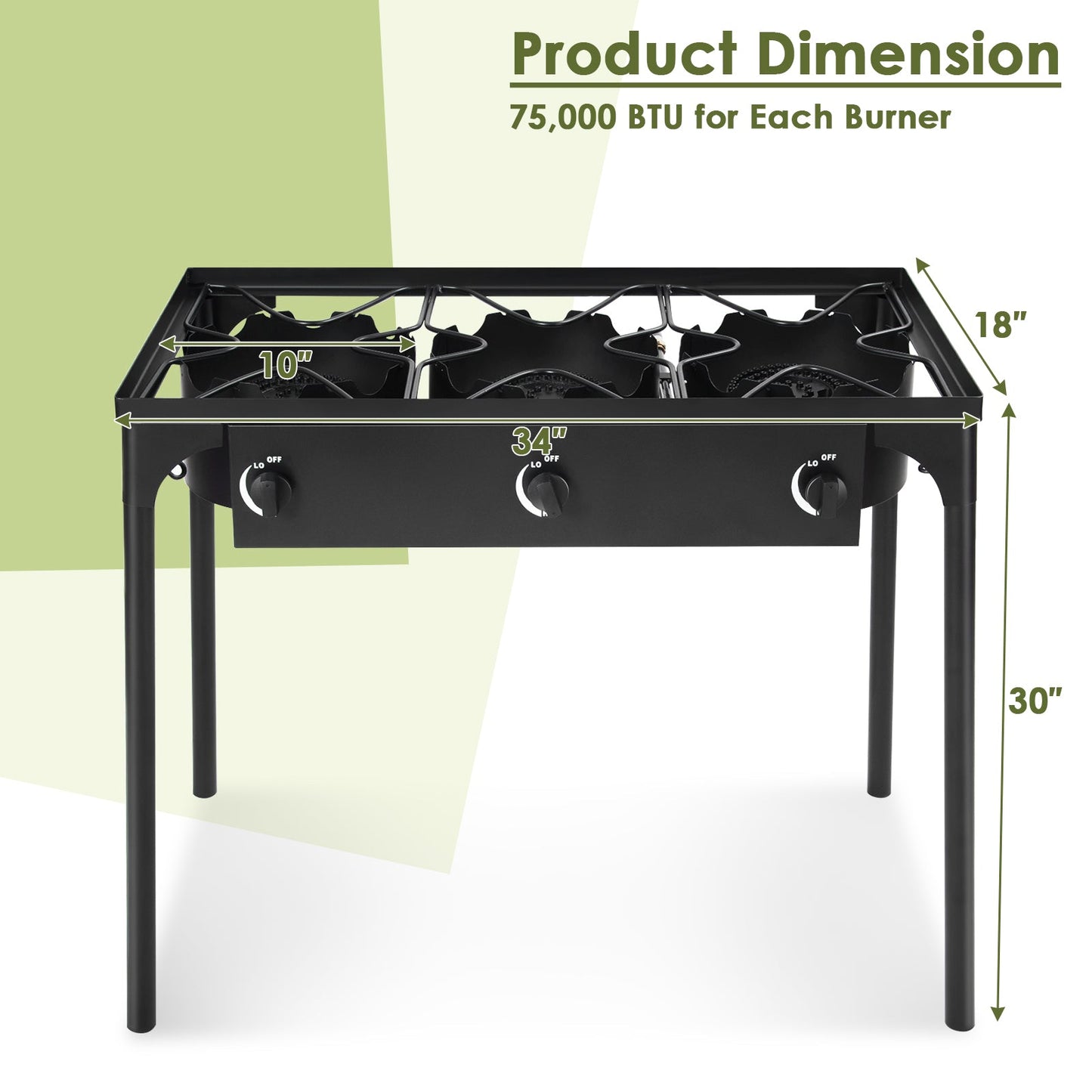 225000 BTU Portable Propane 3 Burner Gas Cooker with dimensions labeled for height and width.
