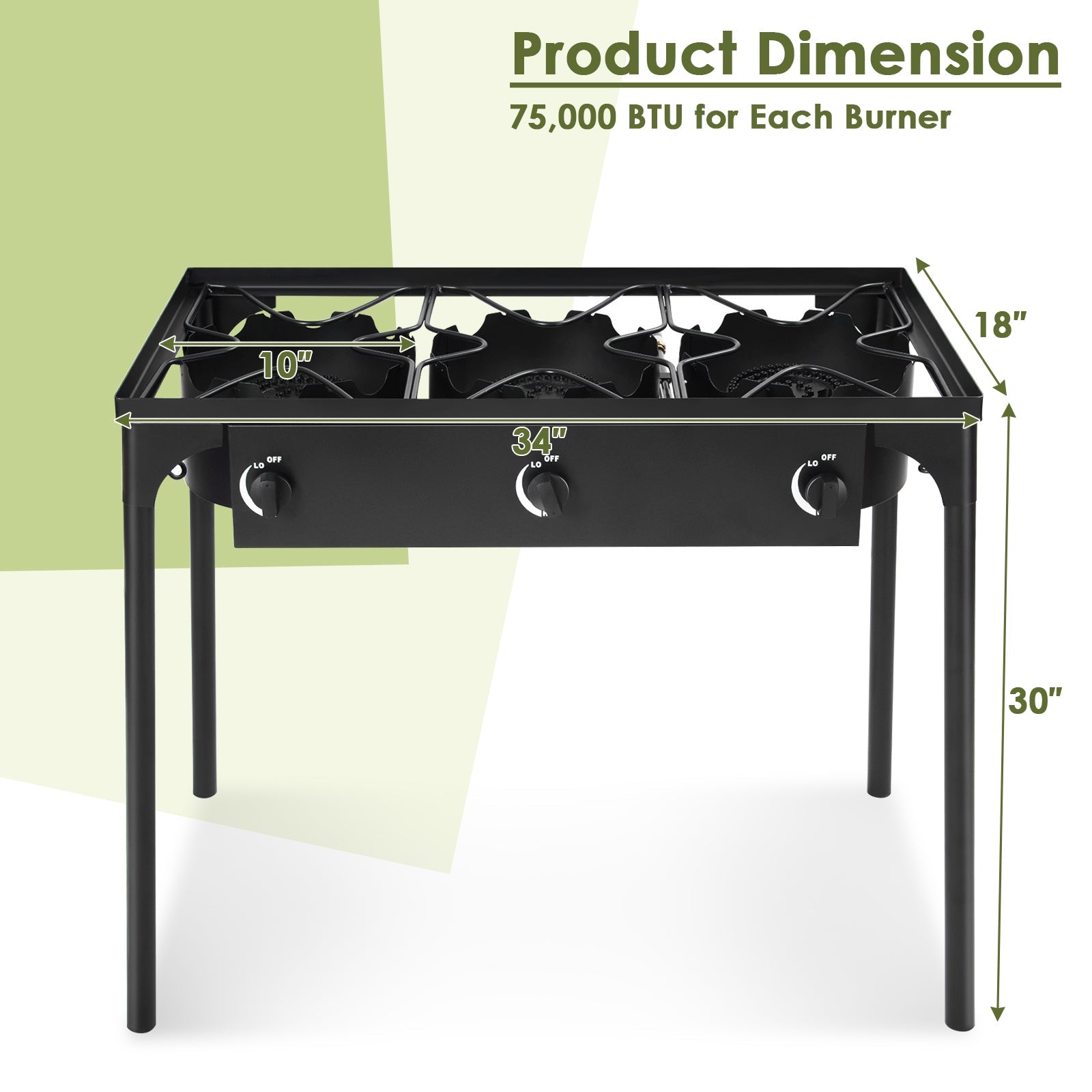 225000 BTU Portable Propane 3 Burner Gas Cooker with dimensions labeled for height and width.