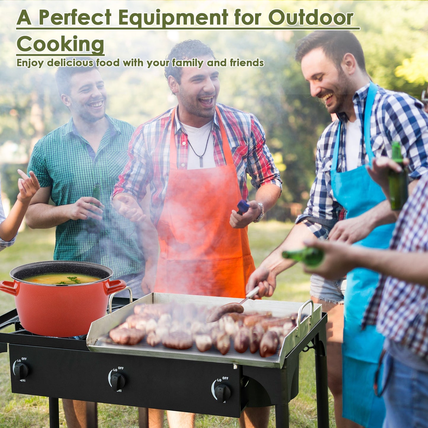 Friends using 225000 BTU Portable Propane 3 Burner Gas Cooker for outdoor cooking with delicious food.