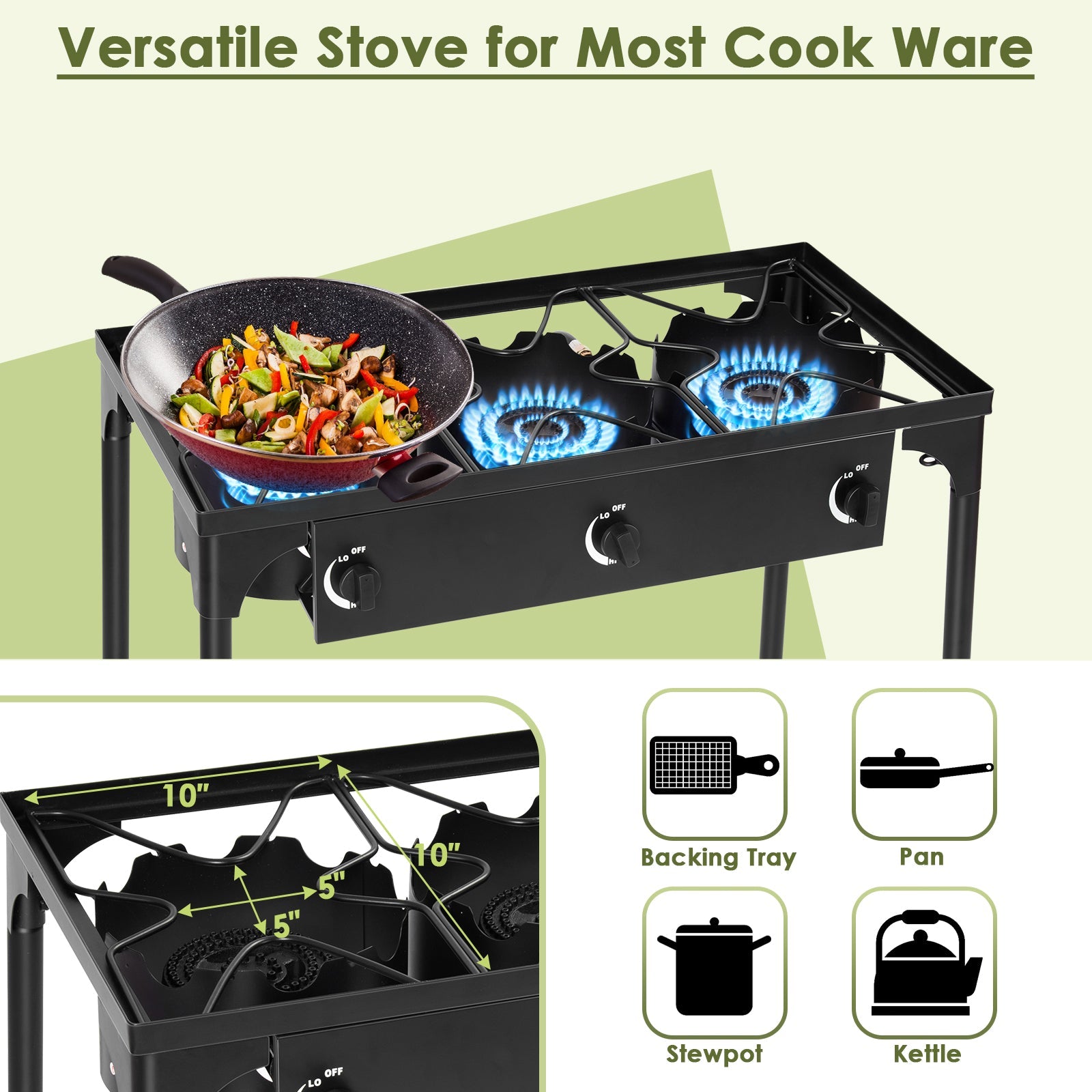 225000 BTU Portable Propane 3 Burner Gas Cooker with cast iron design and versatile stove layout