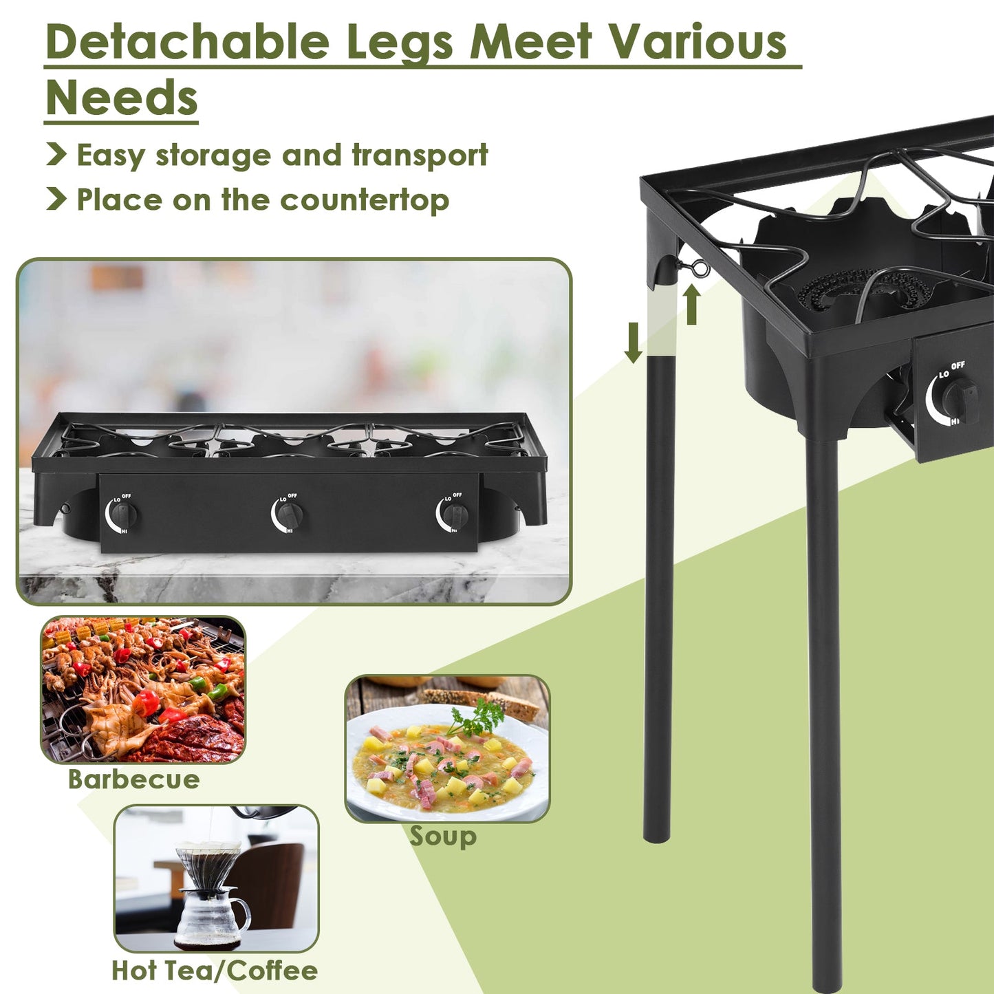225000 BTU Portable Propane 3 Burner Gas Cooker with detachable legs for easy storage and versatile cooking options, ideal for outdoors.