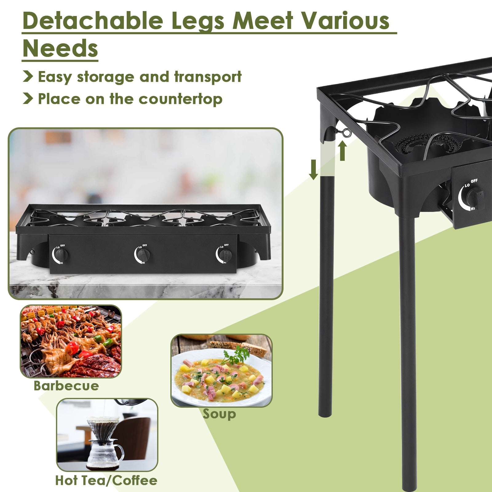 225000 BTU Portable Propane 3 Burner Gas Cooker with detachable legs for easy storage and versatile cooking options, ideal for outdoors.