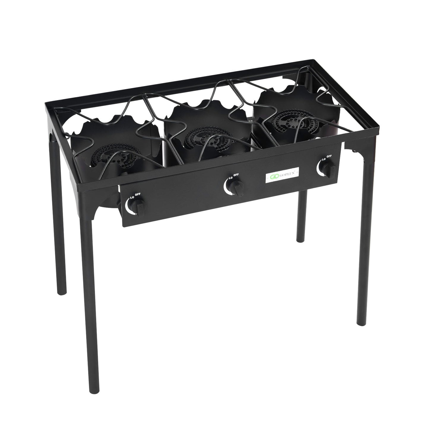 225000 BTU Portable Propane 3 Burner Gas Cooker with cast iron construction and waterproof powder coating.