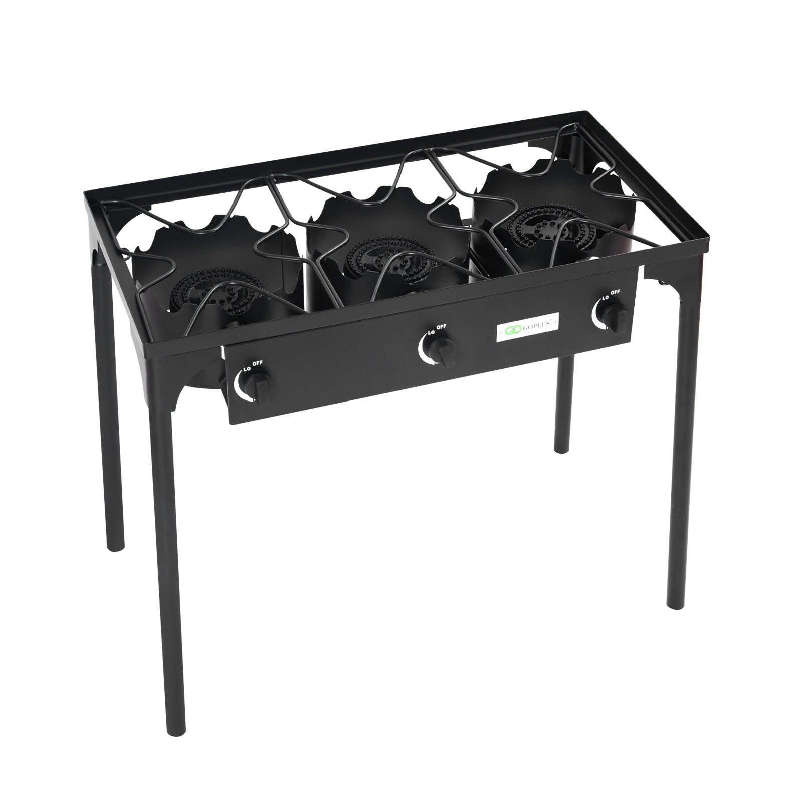 225000 BTU Portable Propane 3 Burner Gas Cooker with cast iron construction and waterproof powder coating.