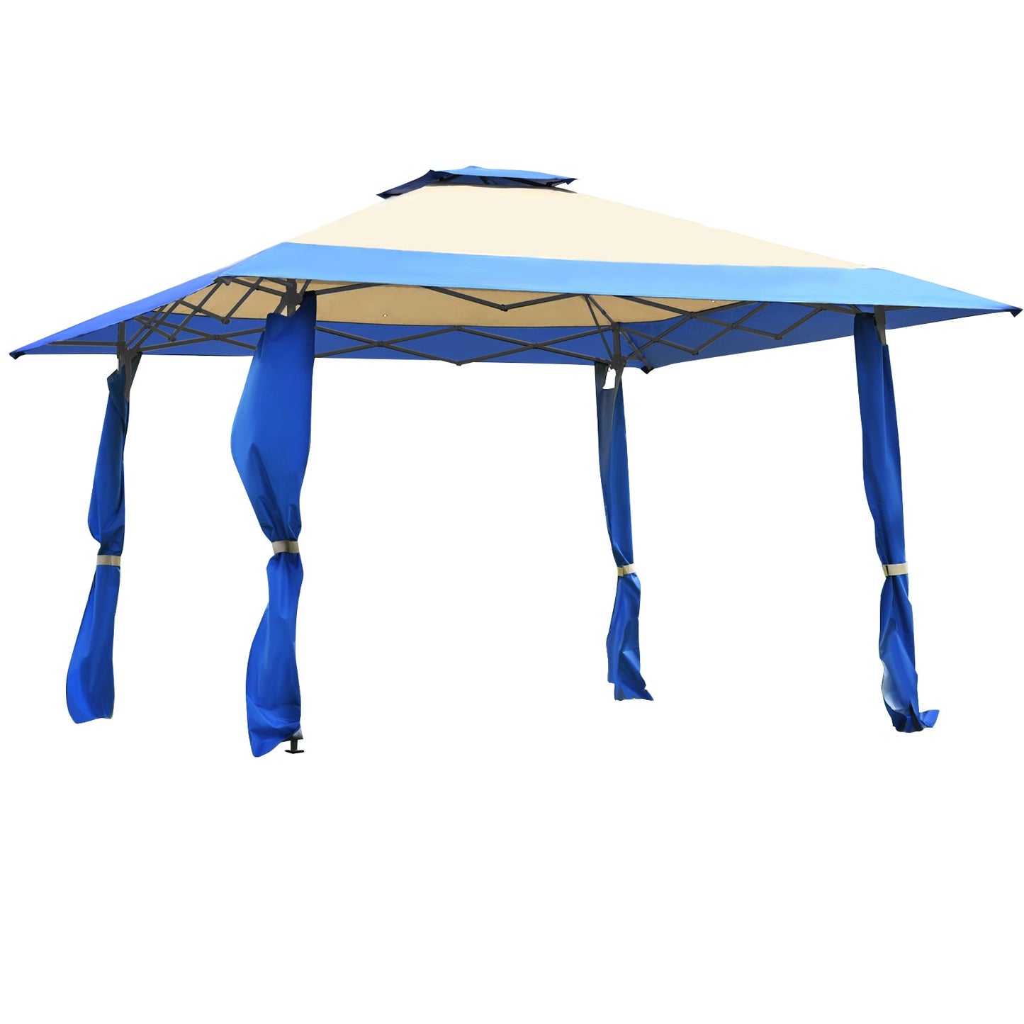 13 Feet x 13 Feet Pop Up Canopy Tent Instant Outdoor Folding Canopy Shelter-Blue with steel frame and dual-tier roof for ventilation.