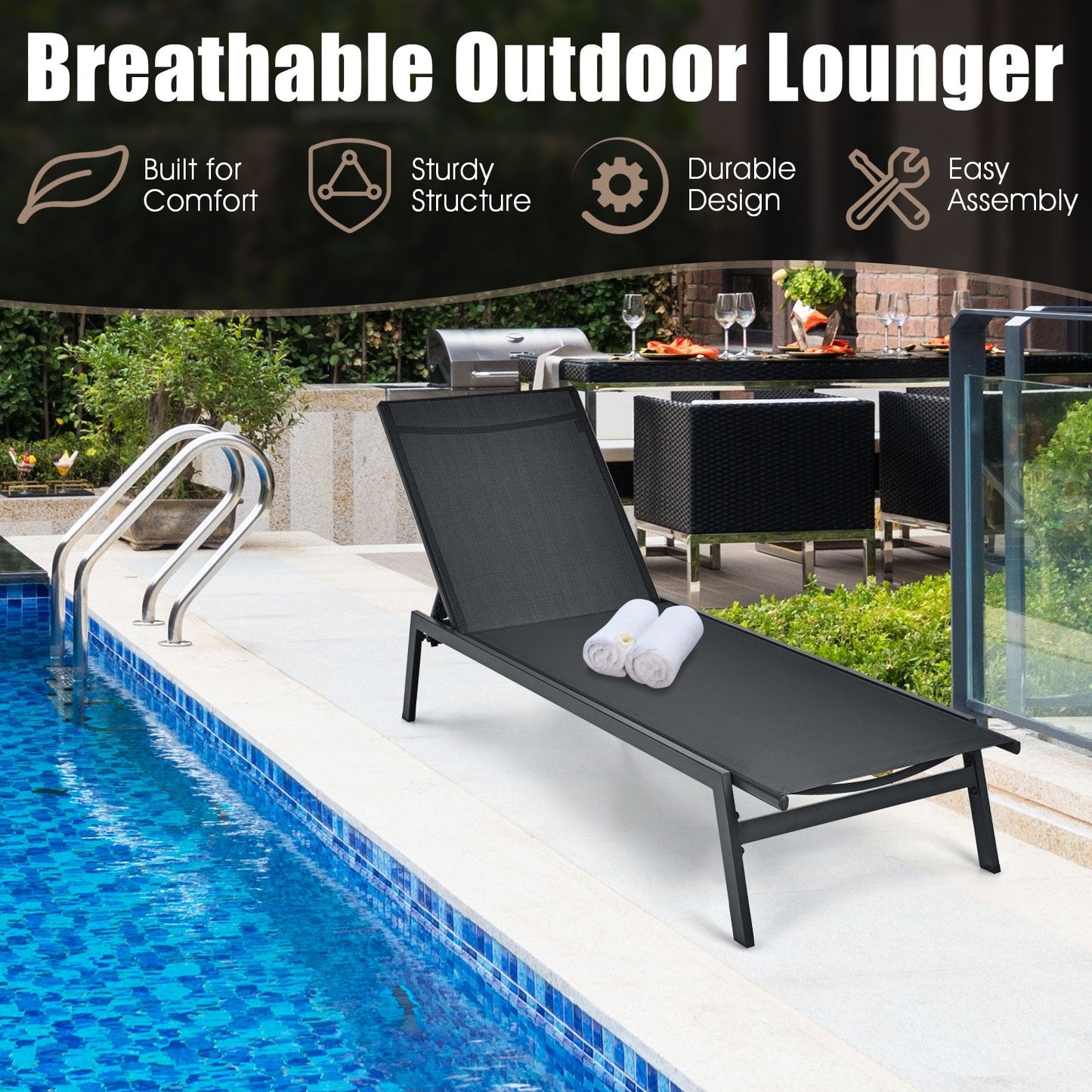 Outdoor Reclining Chaise Lounge Chair with 6-Position Adjustable Back-Black by poolside