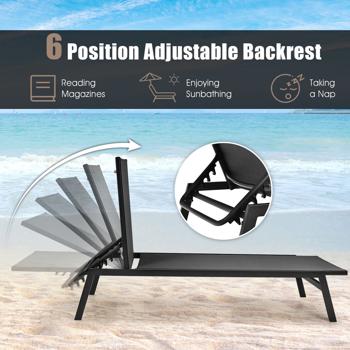 Outdoor Reclining Chaise Lounge Chair with 6-Position Adjustable Back-Black on beach background