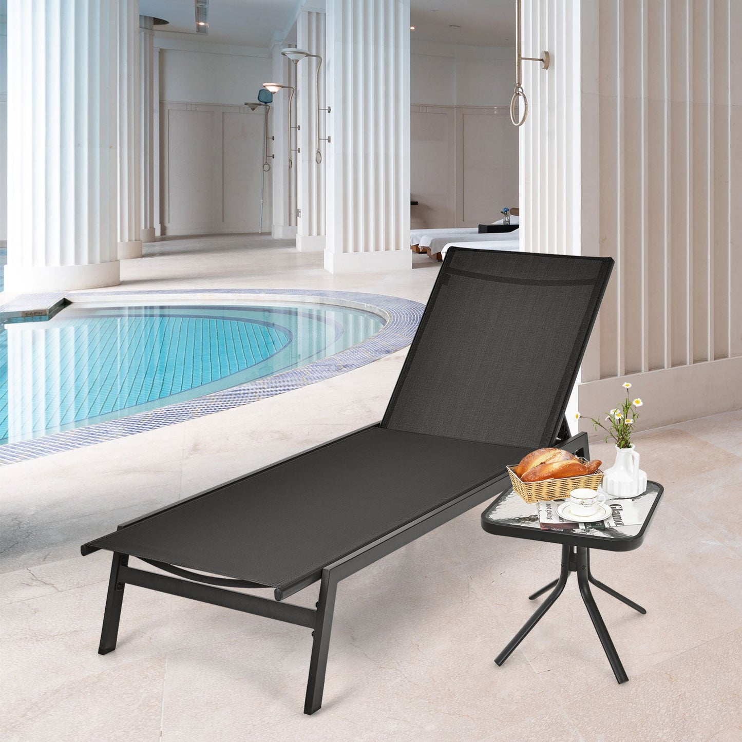 Outdoor Reclining Chaise Lounge Chair with 6-Position Adjustable Back-Black by a poolside with a side table and snacks.