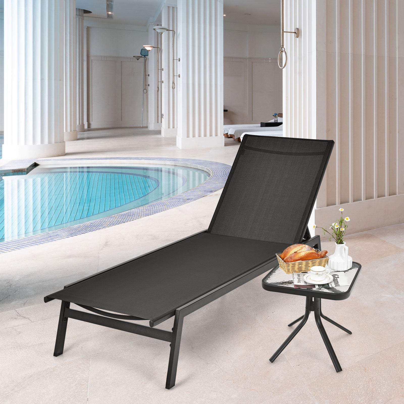 Outdoor Reclining Chaise Lounge Chair with 6-Position Adjustable Back-Black by a poolside with a side table and snacks.