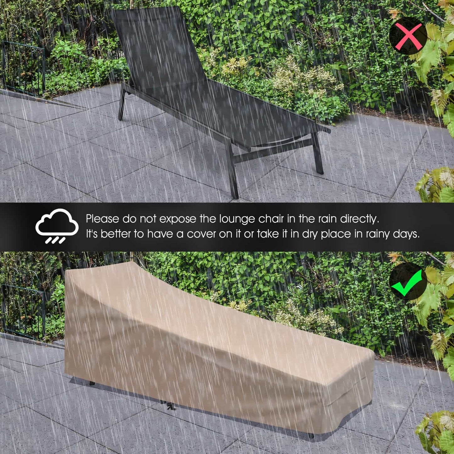 Outdoor Reclining Chaise Lounge Chair with 6-Position Adjustable Back-Black under rain with cover protection advice.