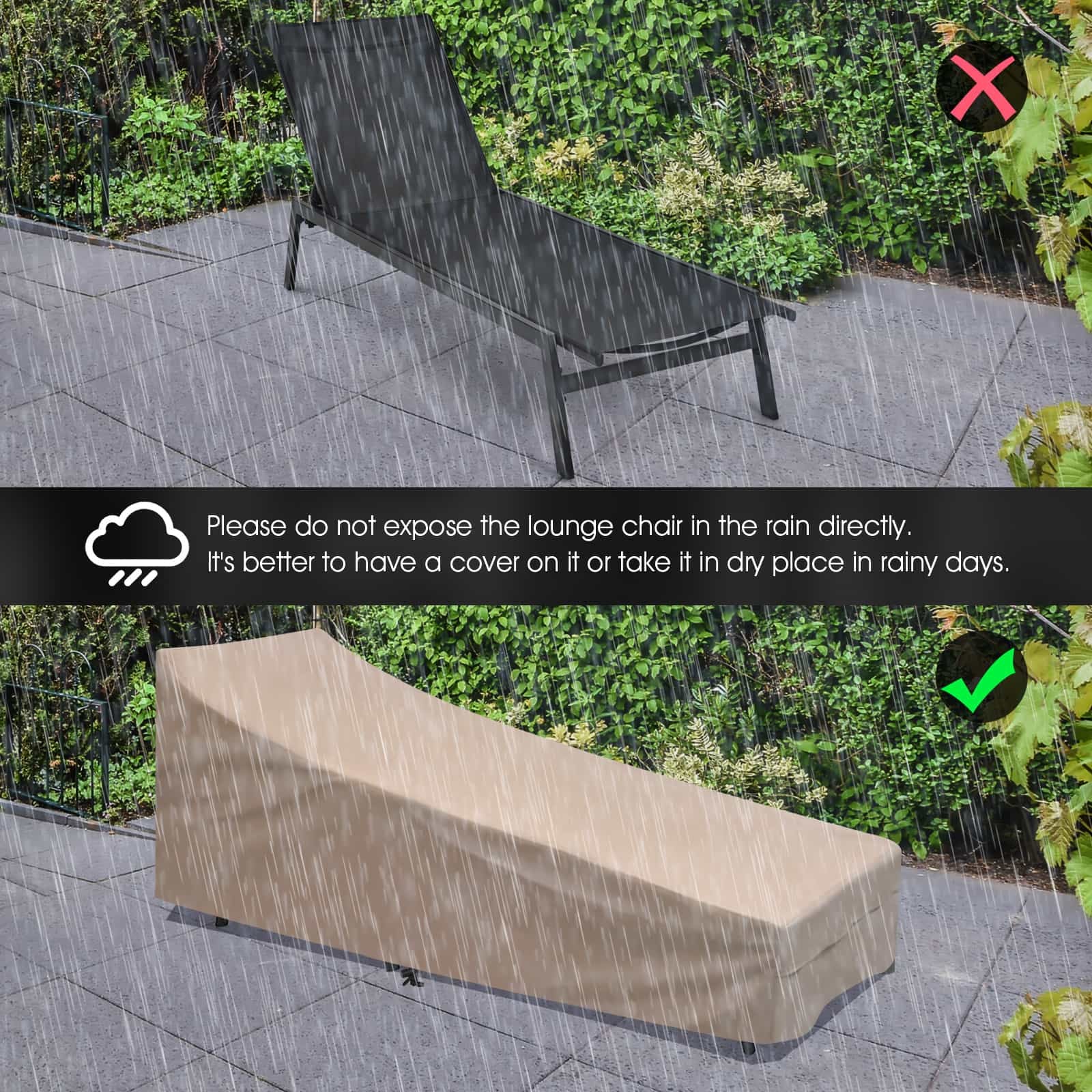 Outdoor Reclining Chaise Lounge Chair with 6-Position Adjustable Back-Black under rain with cover protection advice.
