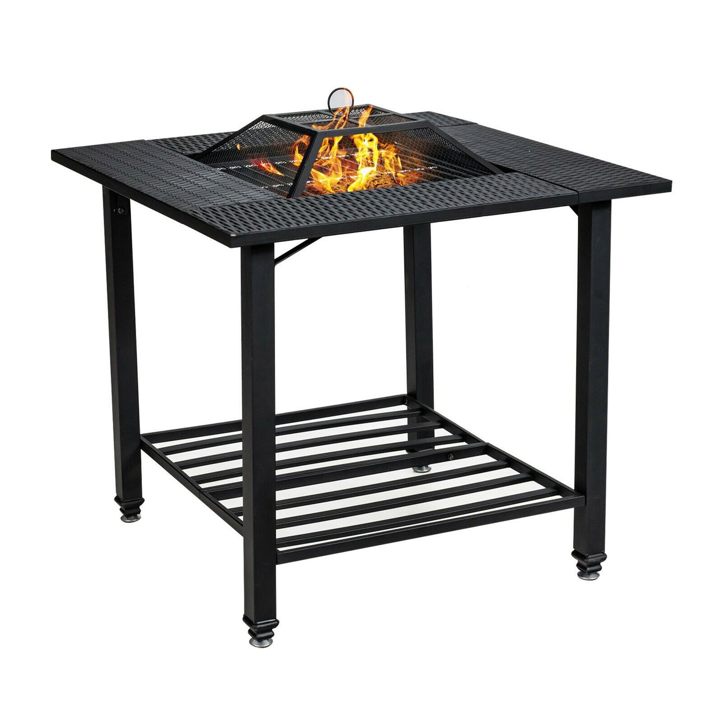 31 Inch Outdoor Fire Pit Dining Table with Cooking BBQ Grate featuring square wood-burning design and steel frame for outdoor use.