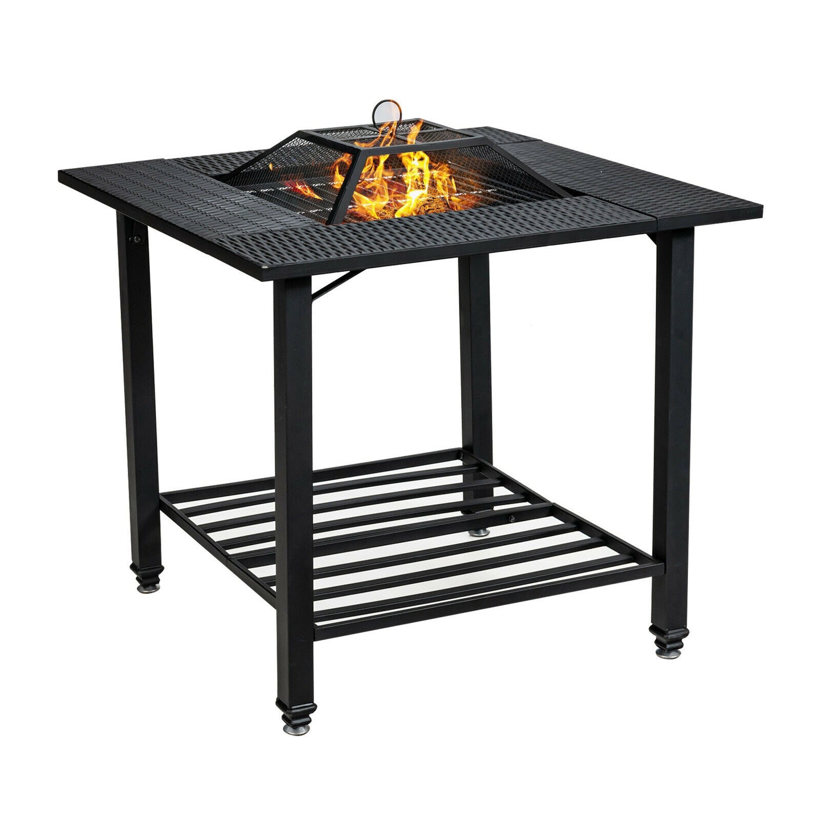 31 Inch Outdoor Fire Pit Dining Table with Cooking BBQ Grate featuring square wood-burning design and steel frame for outdoor use.