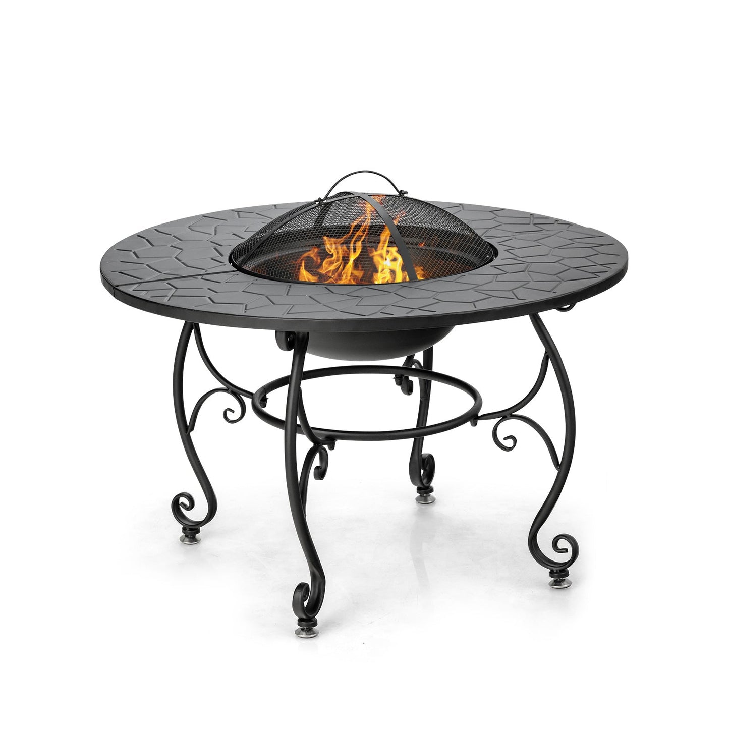 35.5 Feet Patio Fire Pit Dining Table With Cooking BBQ Grate featuring wood-burning fire and wrought iron legs.