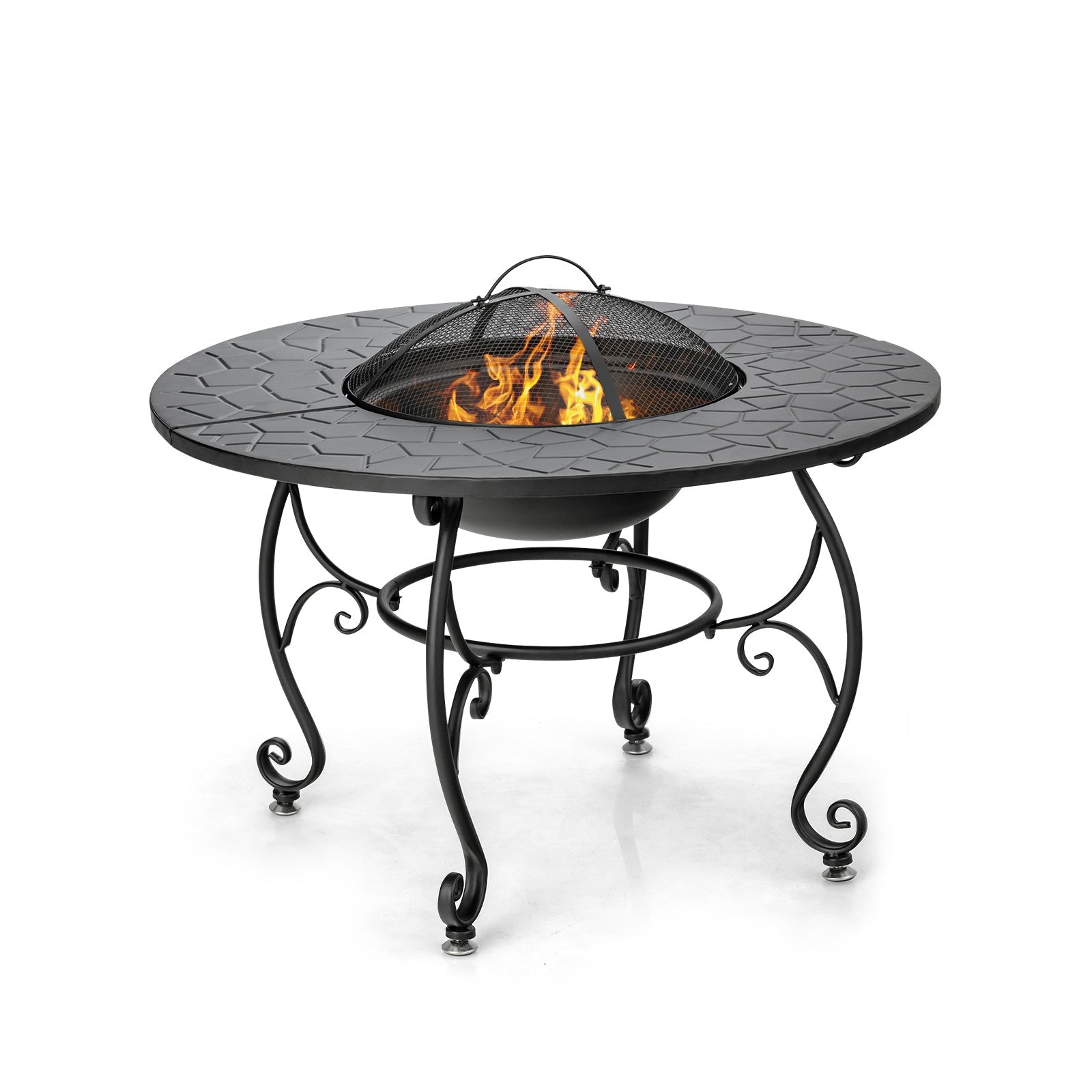 35.5 Feet Patio Fire Pit Dining Table With Cooking BBQ Grate featuring wood-burning fire and wrought iron legs.
