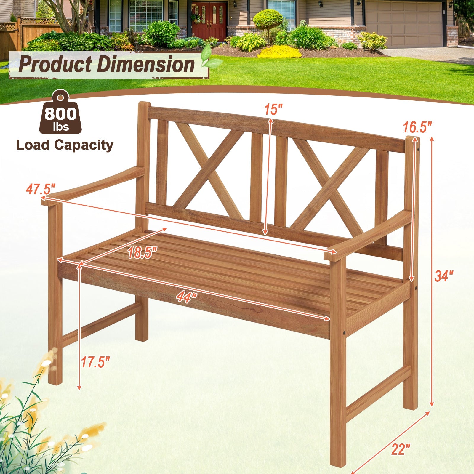 2-Person Wood Outdoor Bench with Cozy Armrest and Backrest - 47.5'' W dimensions and 800 lbs load capacity