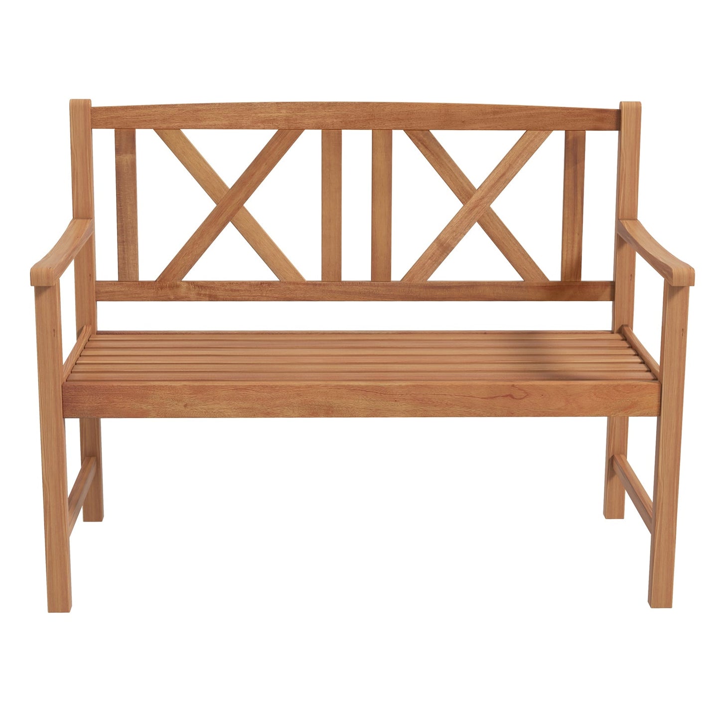 2-Person Wood Outdoor Bench with Cozy Armrest and Backrest, slatted seat design, made of durable acacia wood for garden or patio.