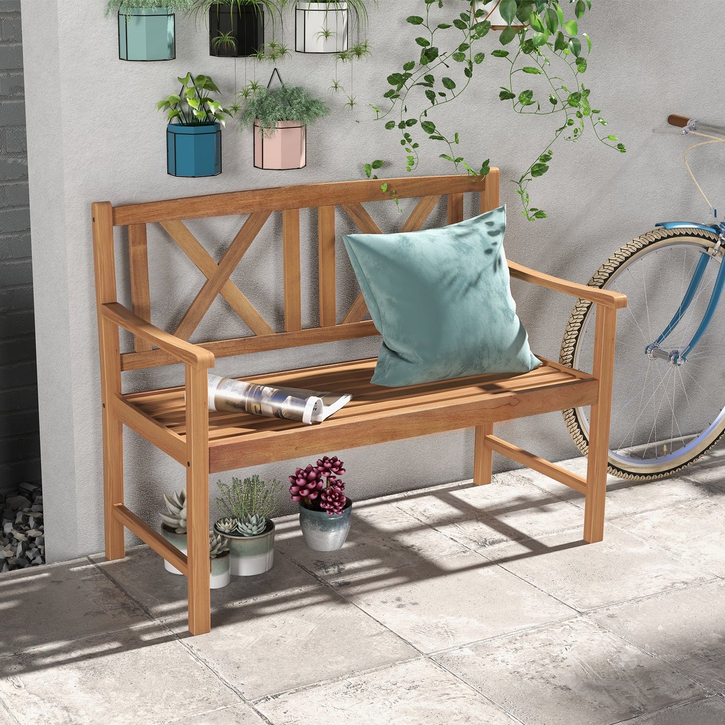 2-Person Wood Outdoor Bench with Cozy Armrest and Backrest on patio with plants and bicycle