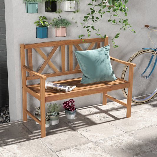 2-Person Wood Outdoor Bench with Cozy Armrest and Backrest on patio with plants and bicycle