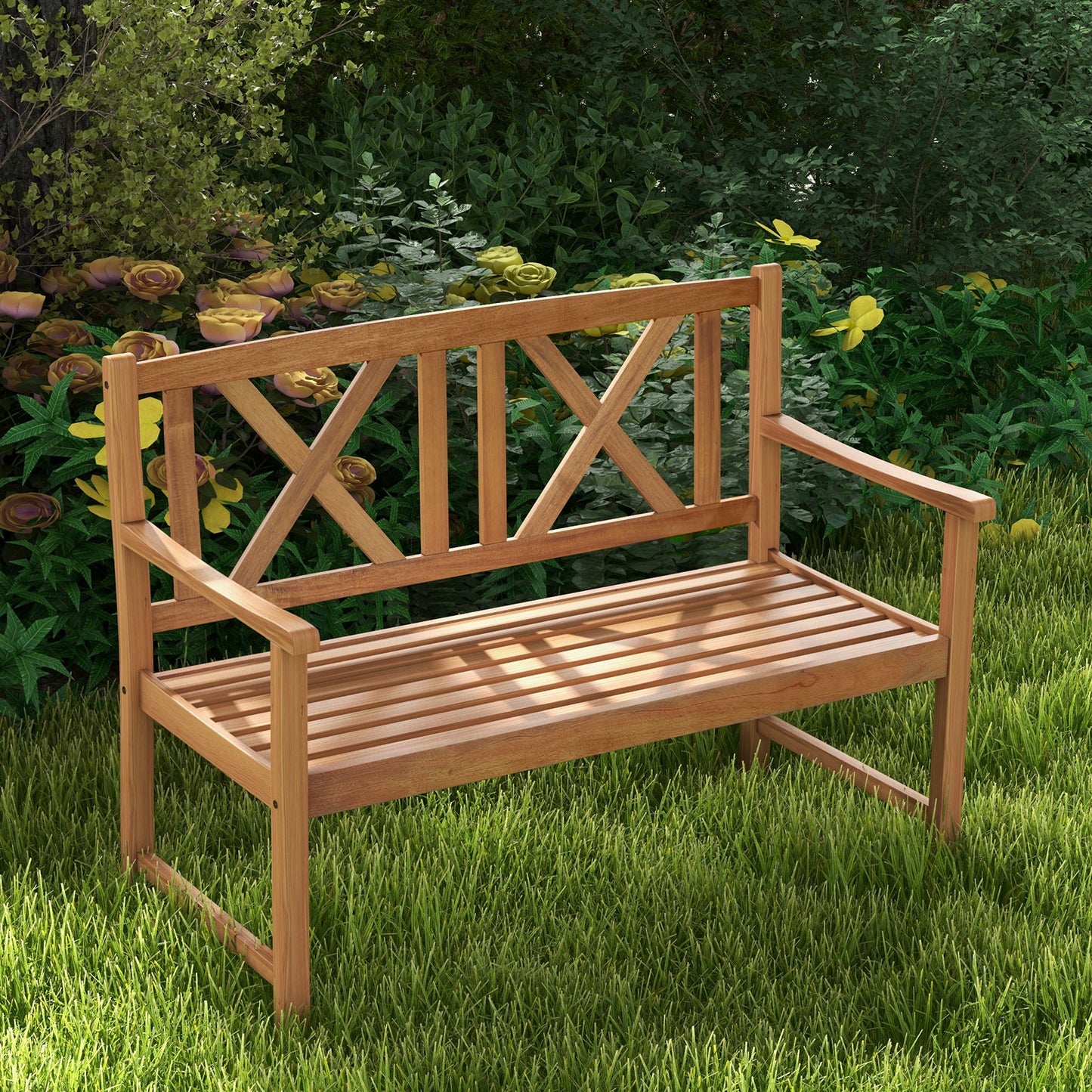2-Person Wood Outdoor Bench with Cozy Armrest and Backrest in garden setting, slatted seat, acacia wood, suitable for patio or porch.