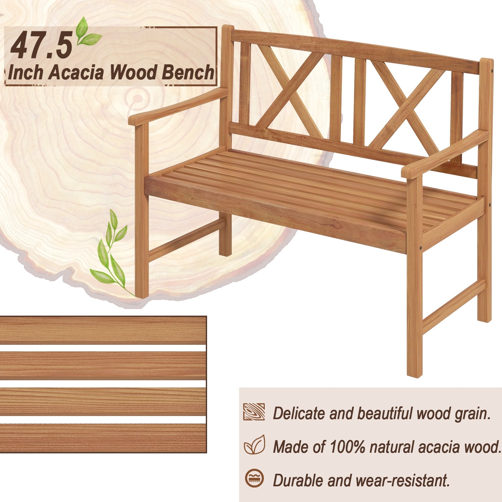2-Person Wood Outdoor Bench with Cozy Armrest and Backrest made of acacia wood, durable and stylish, ideal for gardens and patios.