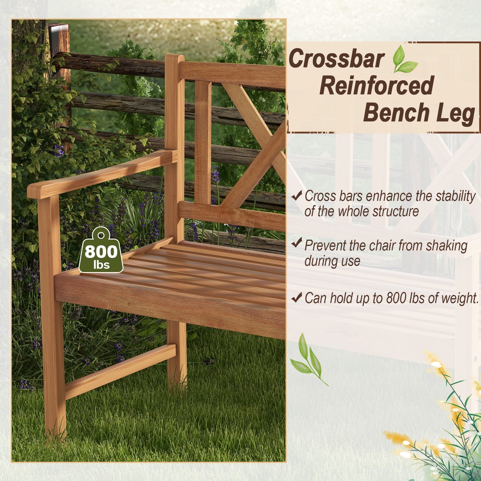 2-Person Wood Outdoor Bench with Cozy Armrest and Backrest showcasing its 800 lbs weight capacity and stable wood structure.